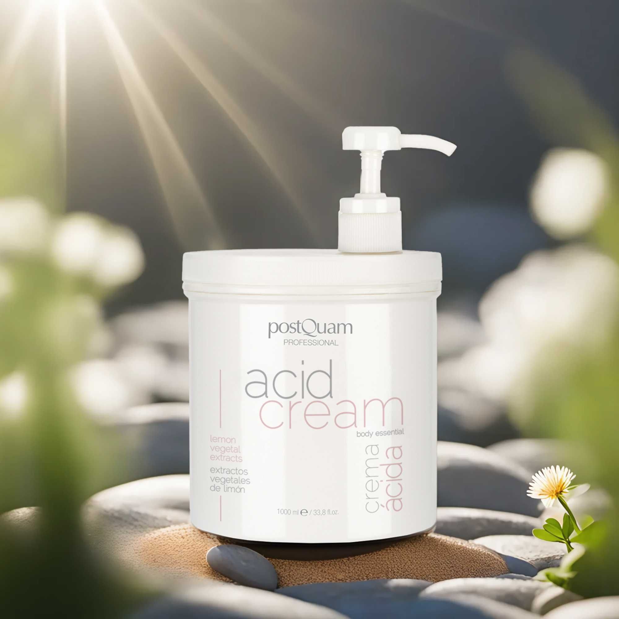 Weißer Behälter mit Pumpe auf Steinen. Aufschrift: "acid cream". Zusätzliche Texte: "lemon vegetal extracts", "extractos vegetales de limón".