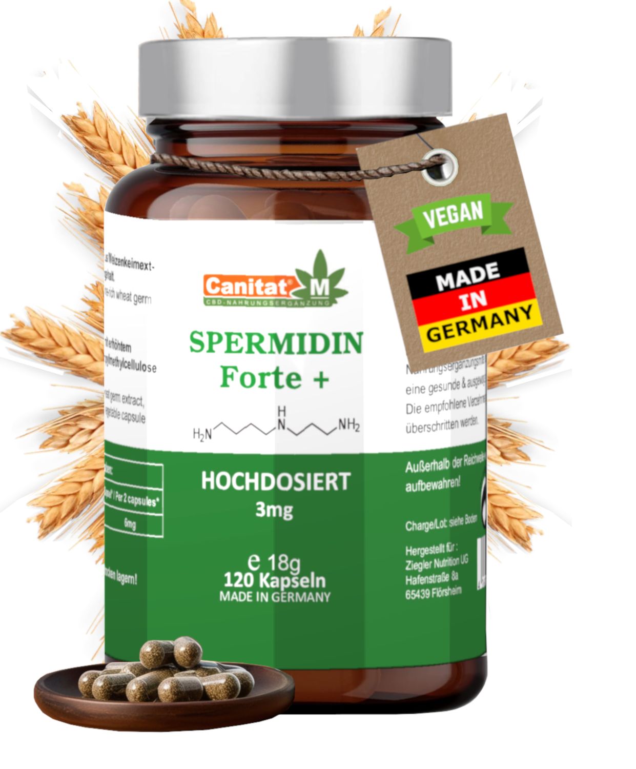 Braune Glasflasche mit Spermidin Forte+ Etikett, Vegan-Siegel, Made in Germany. Weizenähren im Hintergrund. Kapseln.