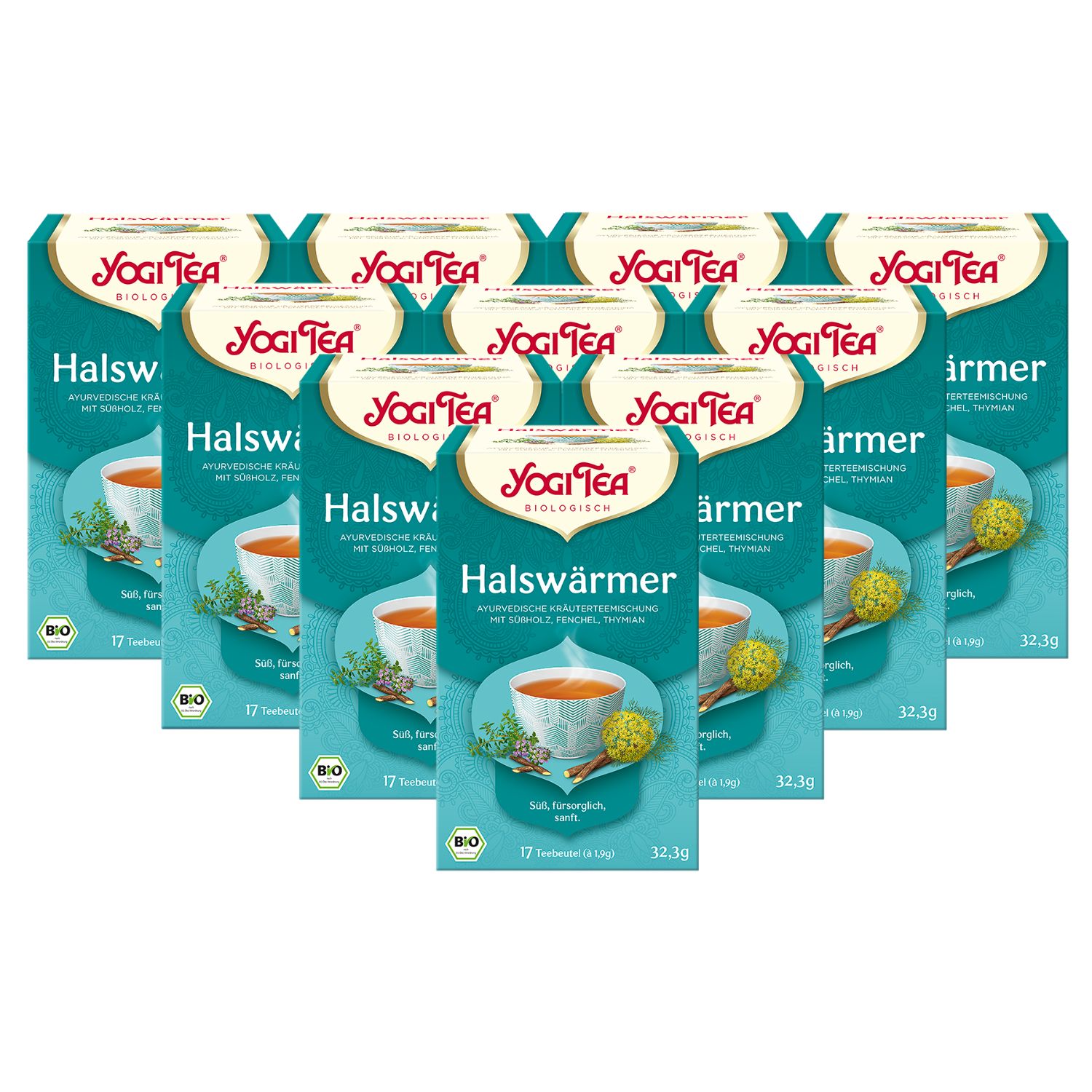 Mehrere Packungen Yogi Tea Halswärmer Bio Kräutertee. Türkis-weiße Verpackung mit Logo und Produktbezeichnung. 17 Teebeutel.
