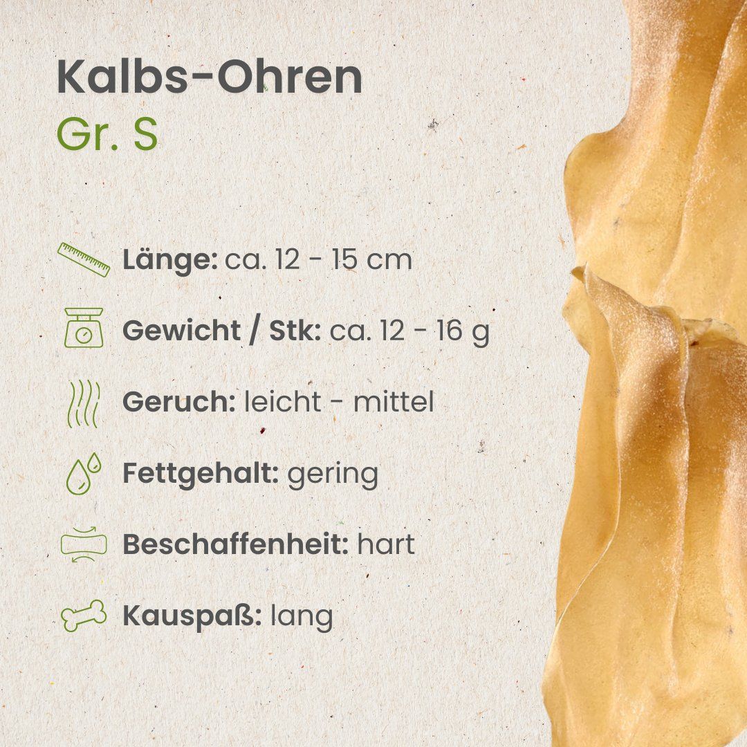 Getrocknete Kalbs-Ohren, Größe S, mit Details zu Länge, Gewicht, Geruch, Fettgehalt und Beschaffenheit.