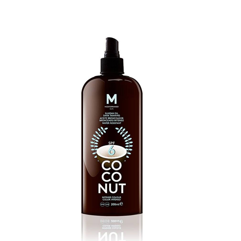 Braune Flasche mit Sprühkopf. Aufschrift: M, Suntan Oil, Coconut, SPF 6. Wasserfest. 200ml.