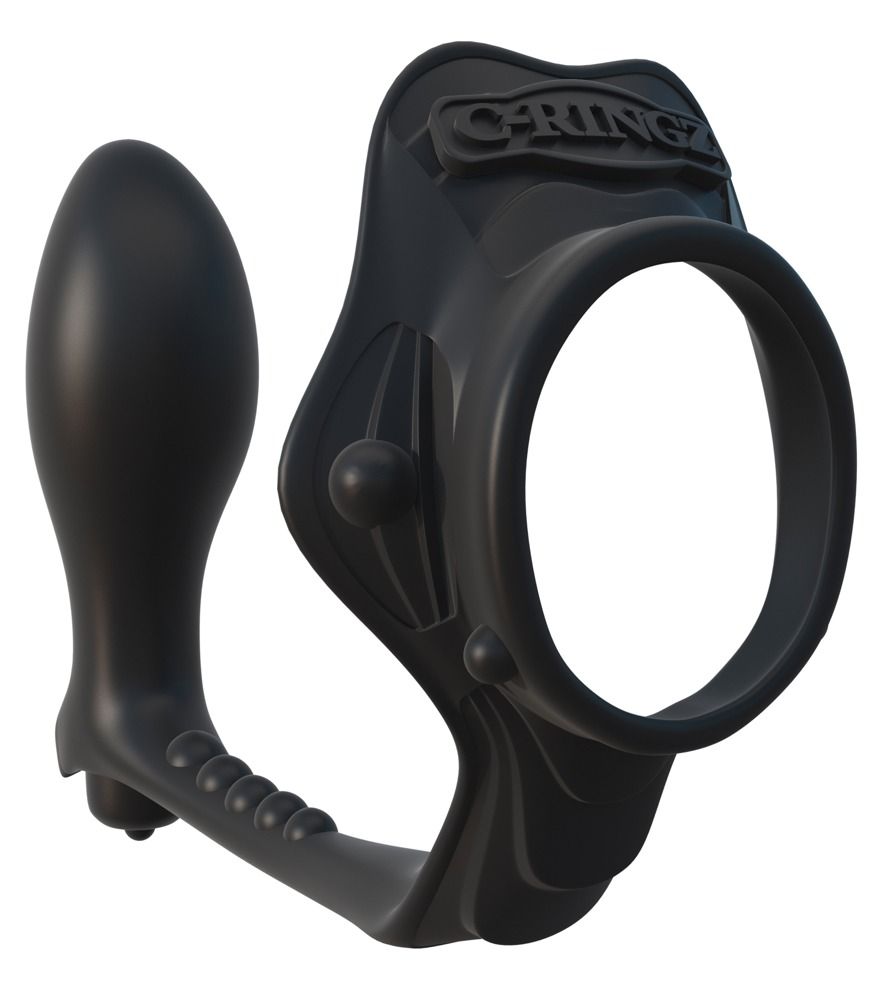Schwarzer C-Ring mit externem Vibrationsbullet und analerilage, Seitenansicht.