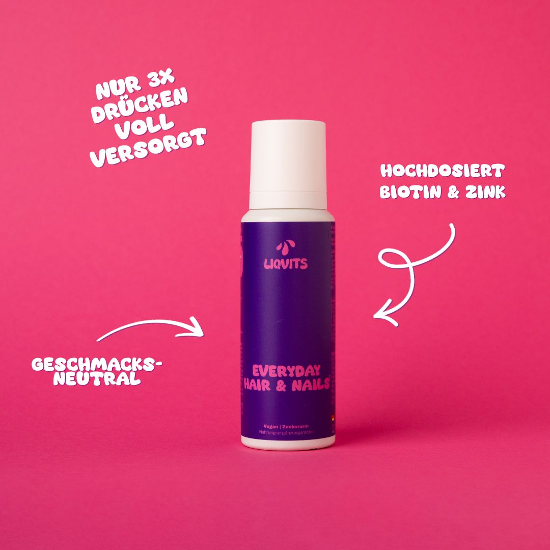 LiqVits Flasche. Lila Flasche mit weißem Deckel. Aufschrift: Everyday Hair & Nails. Pfeile mit Text.