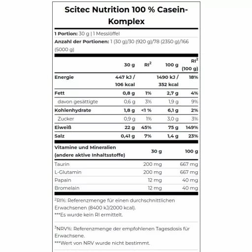 Nährwerttabelle von Scitec Nutrition 100% Casein Complex. Enthält Informationen zu Kalorien, Fett, Kohlenhydraten, Eiweiß und Salz.