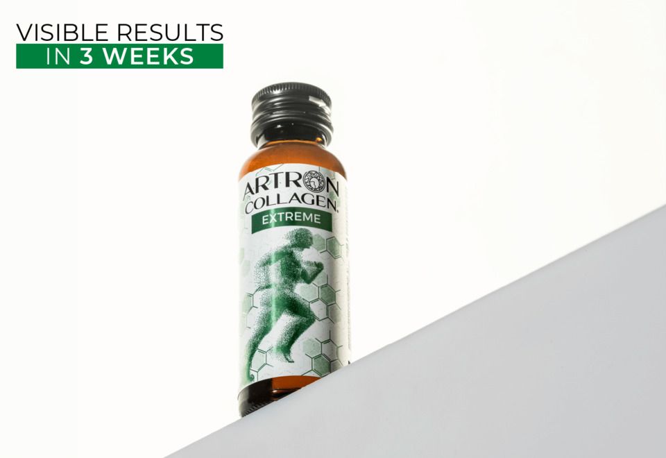 Gold Collagen Artron Extreme. Flasche. Aufschrift: Artron Collagen Extreme. Grün-weißes Design. Sichtbare Ergebnisse in 3 Wochen.
