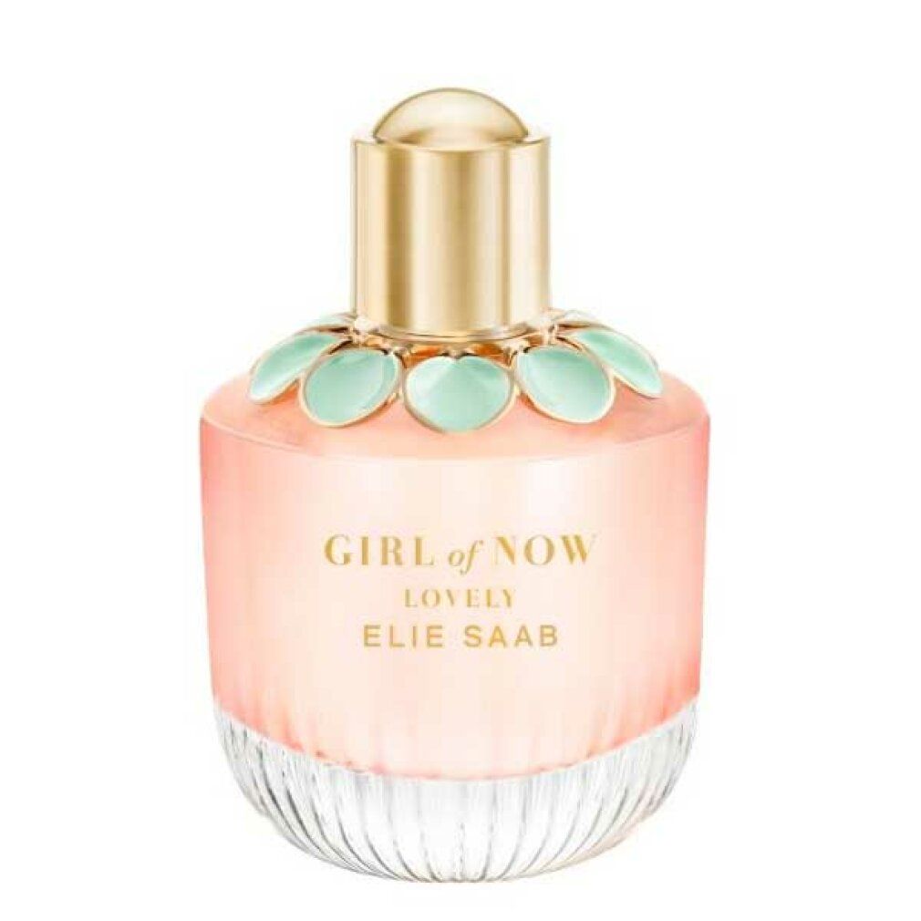Elie Saab Girl of Now Lovely EdP Nat. Spray. Rosa Flakon mit goldfarbenem Deckel und hellgrünen Blüten. Klarer Glasfuß.