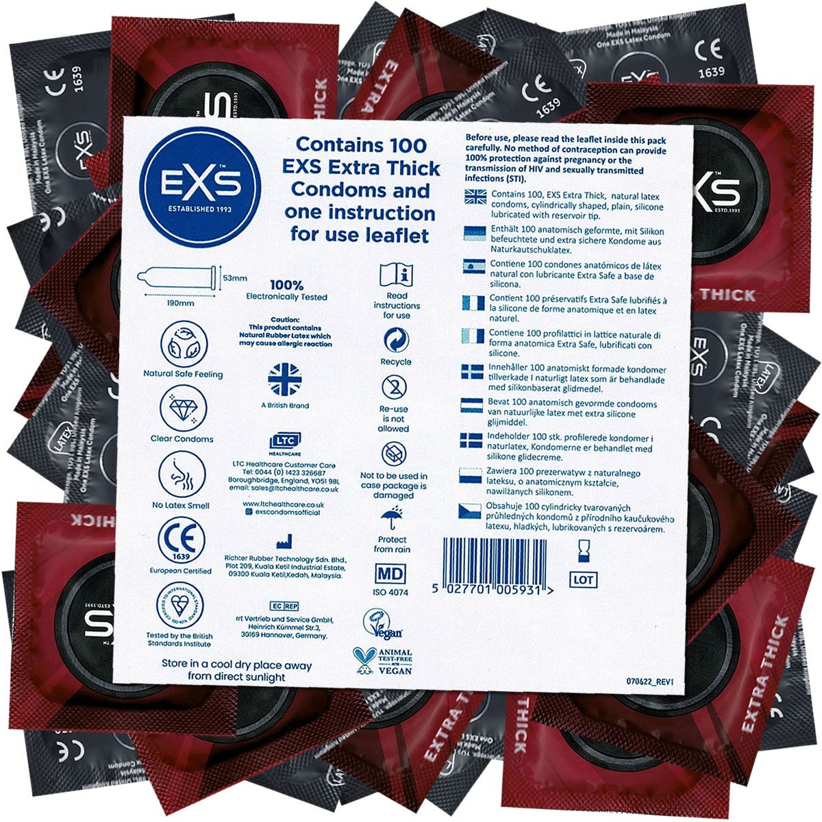 Paquet de 100 préservatifs. Informations sur les ingrédients et certifications. Visibles : marquage CE, label Vegan.