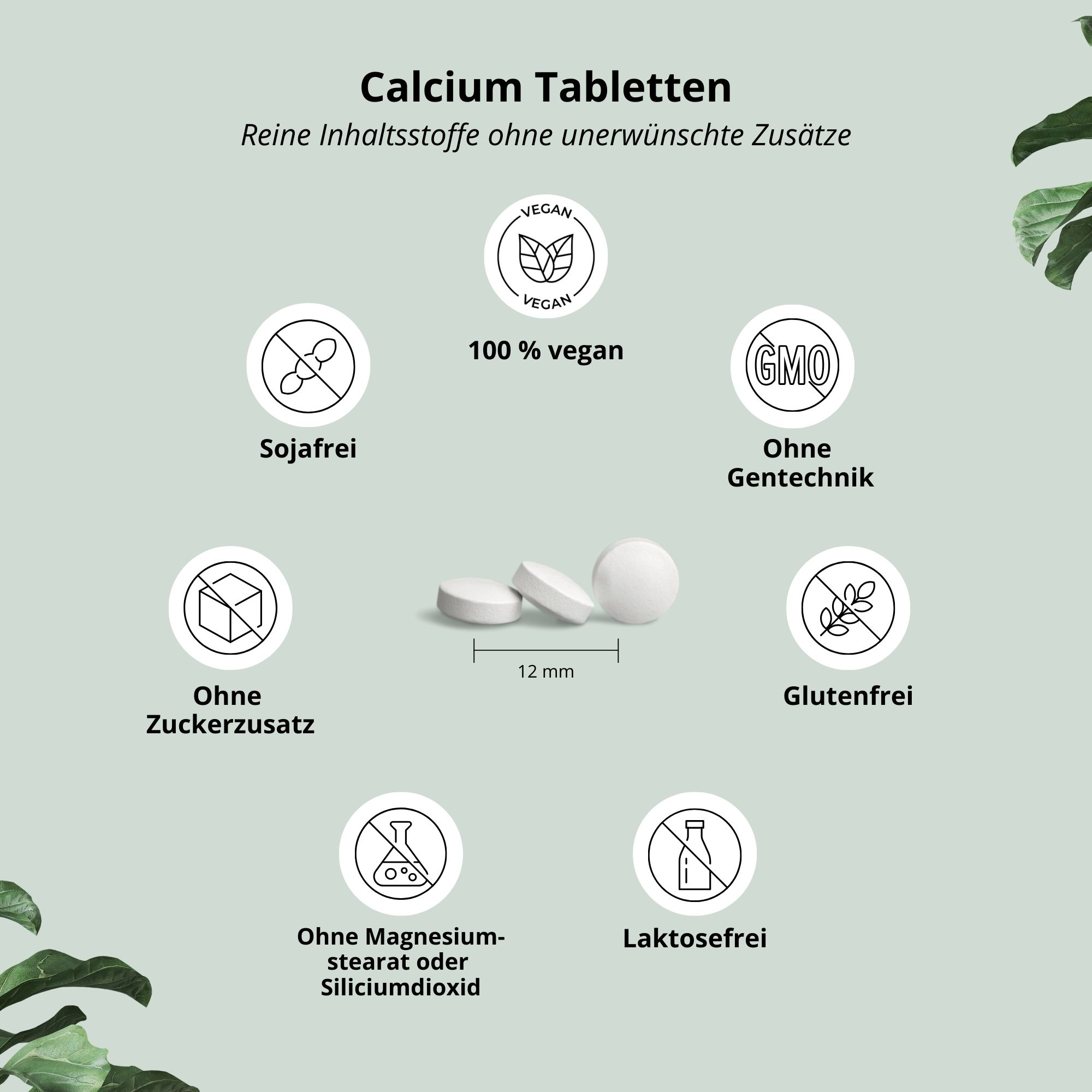 Kreisförmige Icons mit Text: 100% vegan, sojafrei, ohne Zuckerzusatz, ohne Magnesiumstearat, ohne Gentechnik, glutenfrei, laktosefrei. 3 Tabletten.