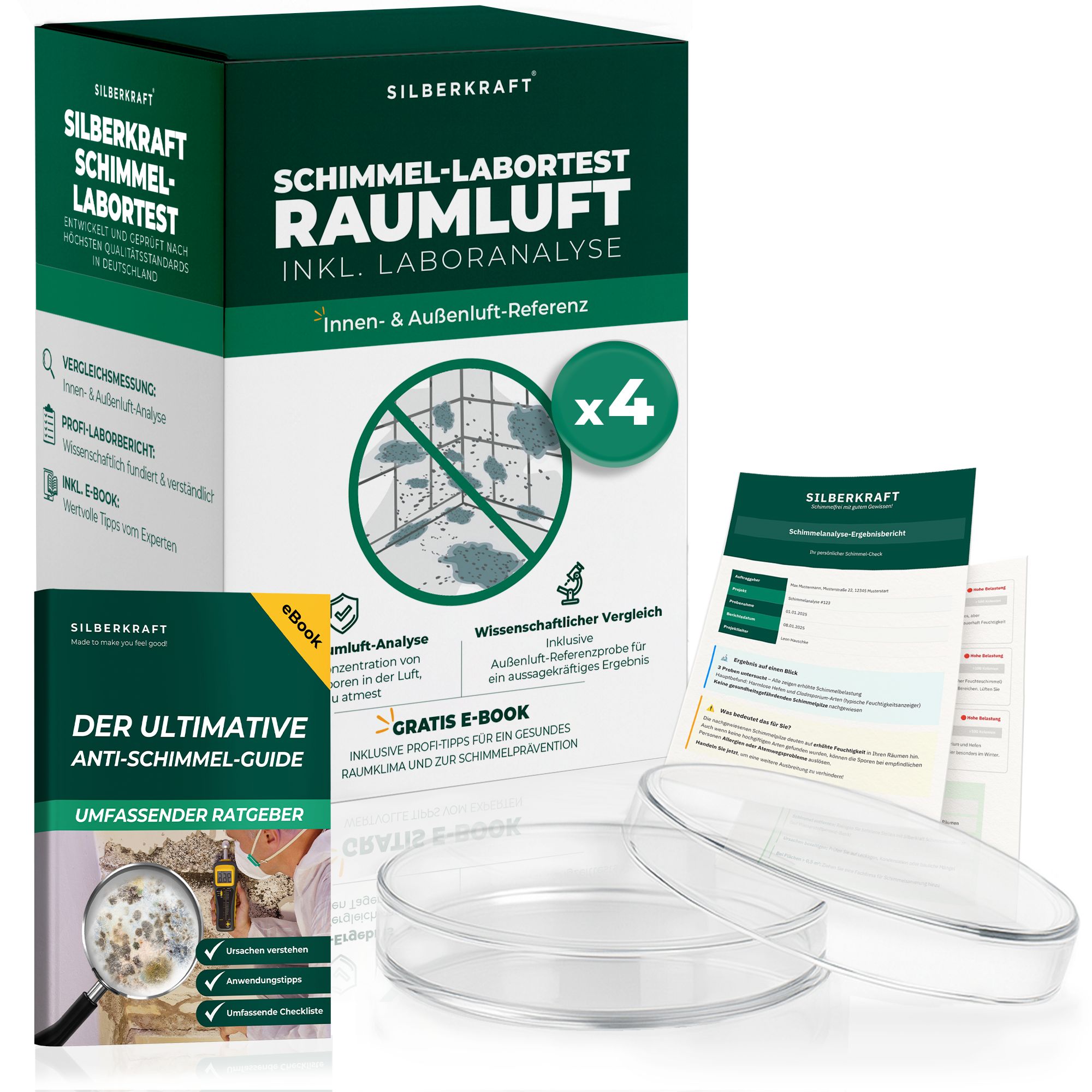 Produktverpackung: Silberkraft Schimmeltest Raumluft. Enthält: Testkit, eBook, Anleitungen, Petrischalen. Grünes und weißes Design.