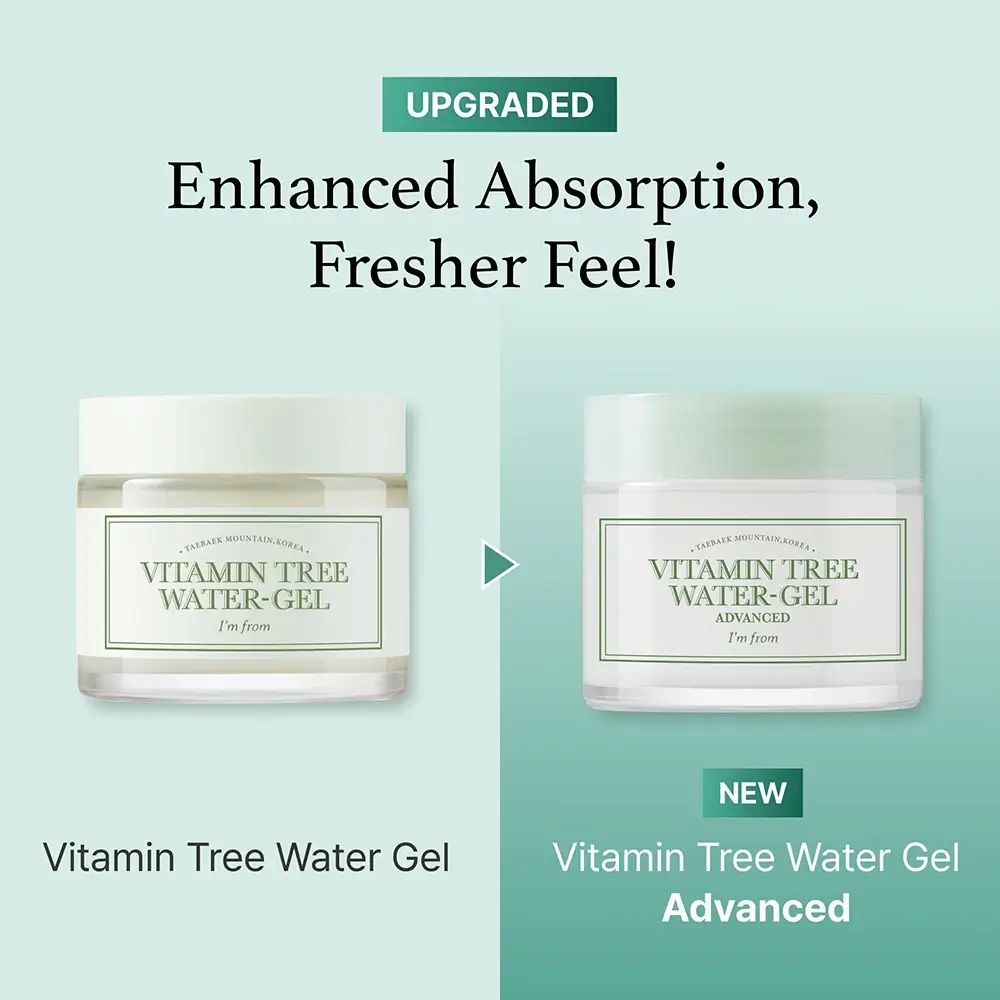 Zwei nebeneinander stehende Behälter. Links: Vitamin Tree Water Gel. Rechts: Vitamin Tree Water Gel Advanced.