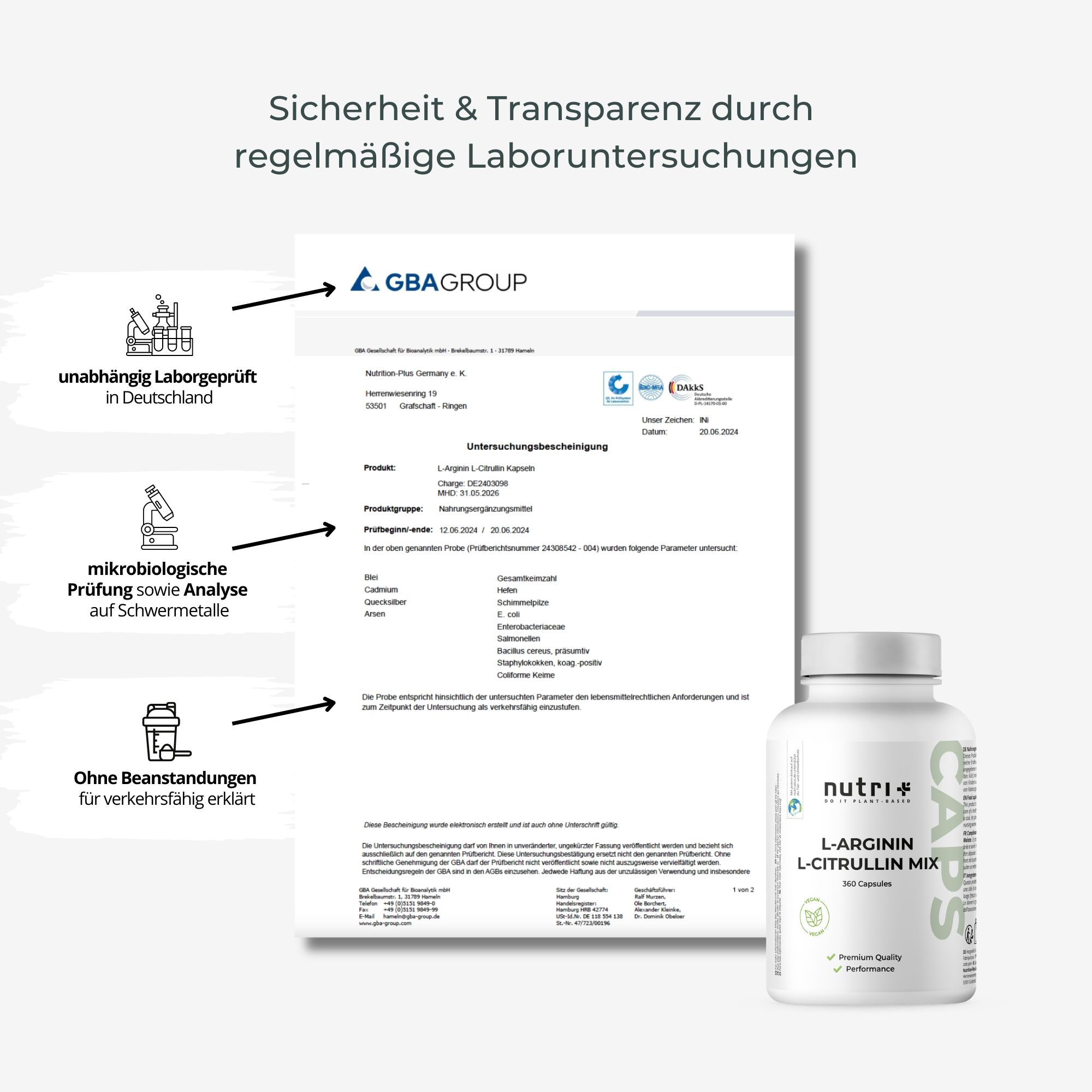 Zertifizierungsdokumente und eine Flasche nutri+ L-Arginin L-Citrullin Mix. Text: unabhängige Laborprüfung, mikrobiologische Prüfung, ohne Beanstandungen.