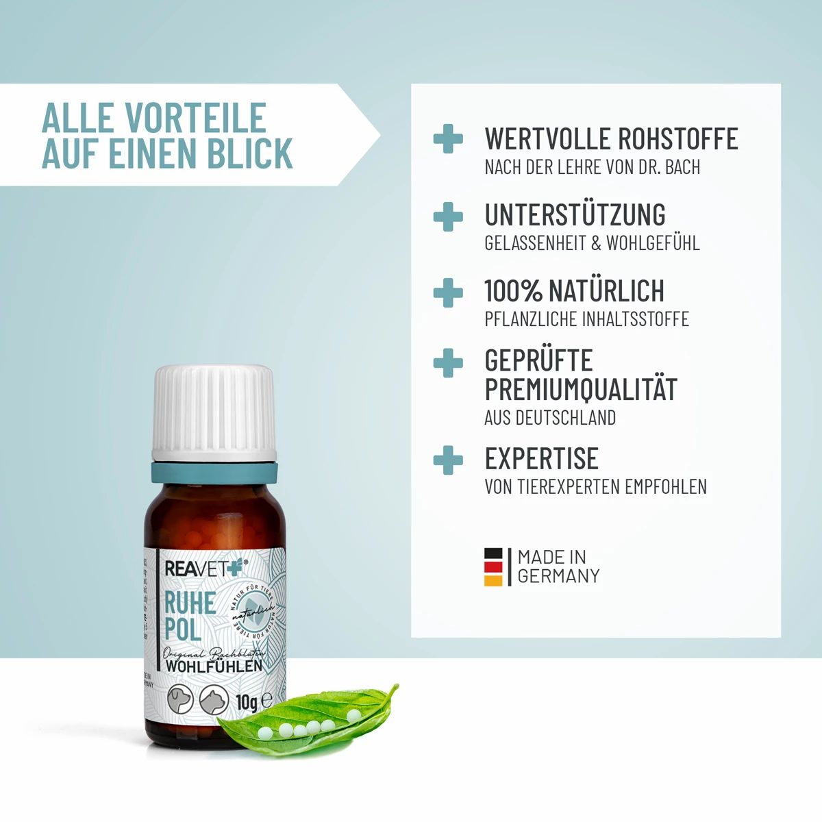 Braune Glasflasche mit weißem Deckel. Etikett mit Produktname und Logo. 10g Globuli. Grüne Blätter mit Globuli daneben. Text auf Deutsch.