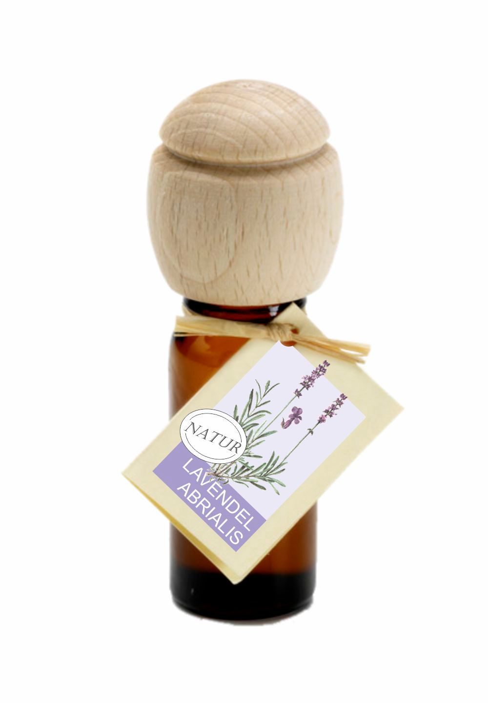 Braune Glasflasche mit Holzverschluss und Etikett. Etikett mit Lavendel-Illustration und Schriftzug "LAVENDEL ABRIALIS".
