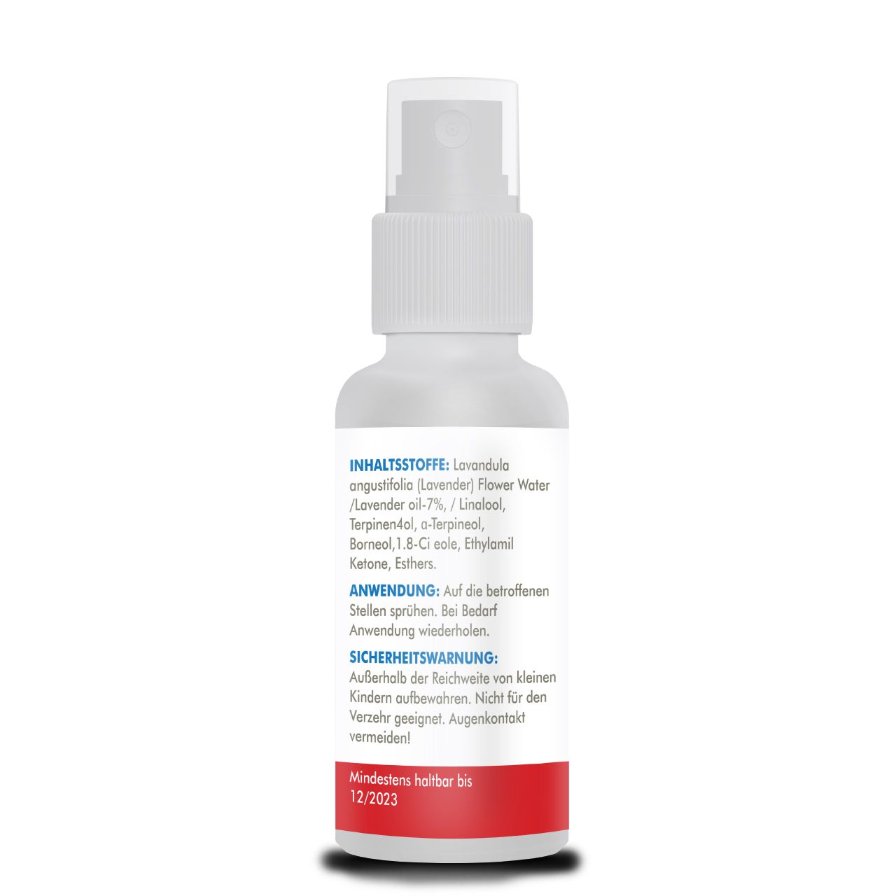 Rückseite einer Sprühflasche. Text mit Inhaltsstoffen, Anwendung und Sicherheitshinweisen. Roter Streifen unten. Mindesthaltbarkeitsdatum: 12/2023.