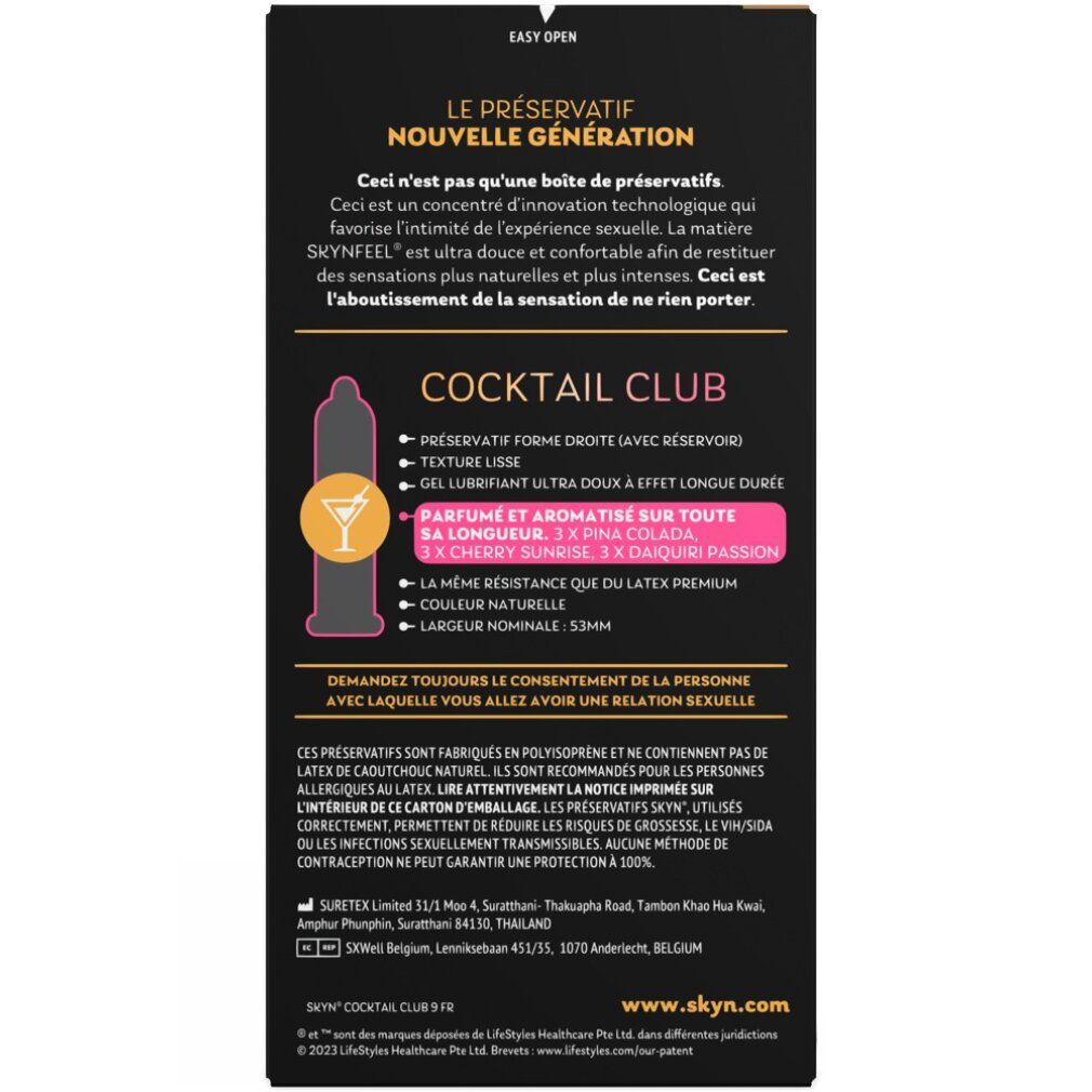 Rückseite der SKYN Cocktail Club-Verpackung. Text, Illustrationen und Produktinformationen. Kondom-Details, 53mm, ohne Latex.