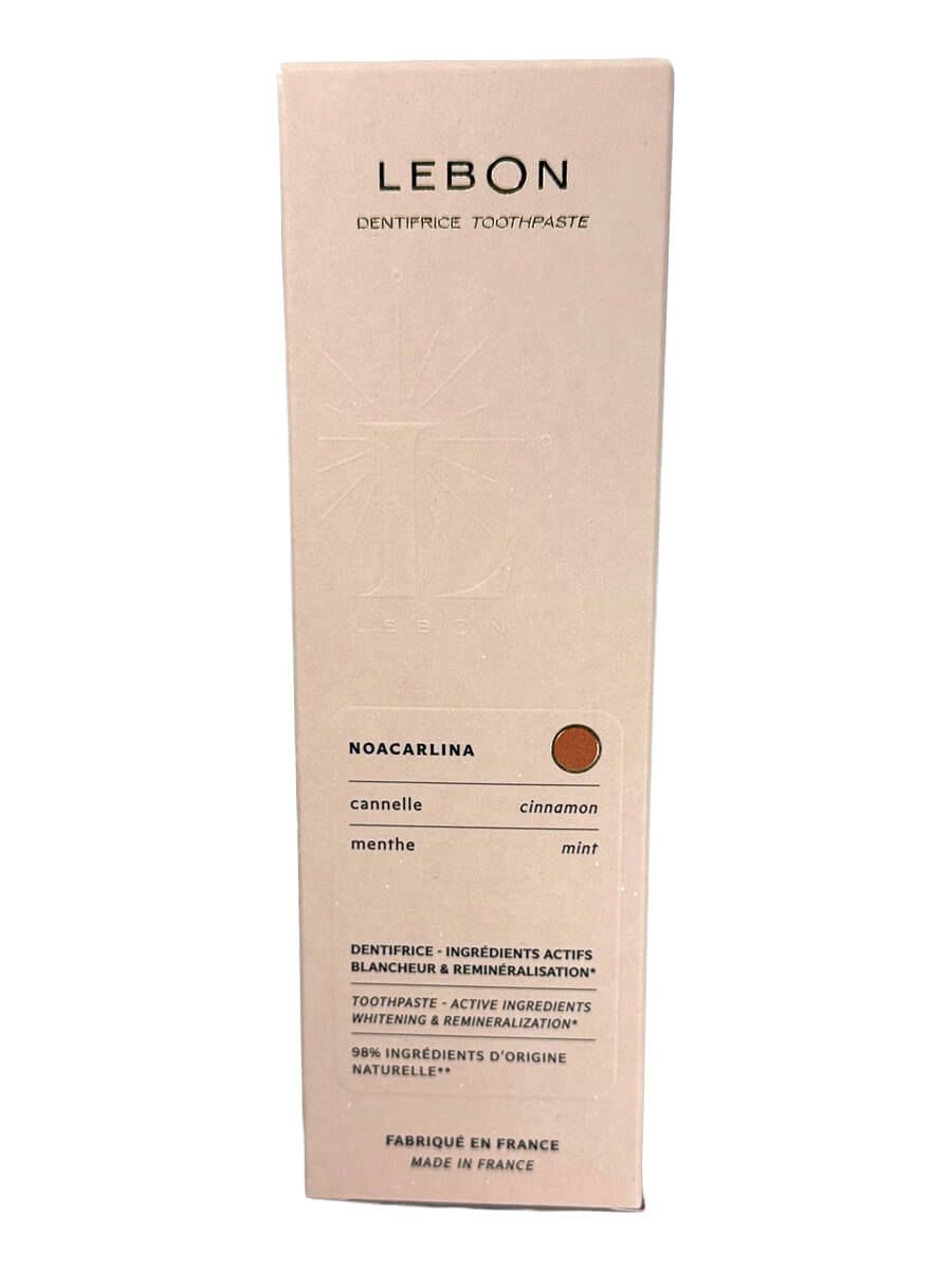 Zahnpasta-Verpackung mit Produktnamen LEBON und NOACARLINA. Enthält Informationen zu Inhaltsstoffen und Herkunft.