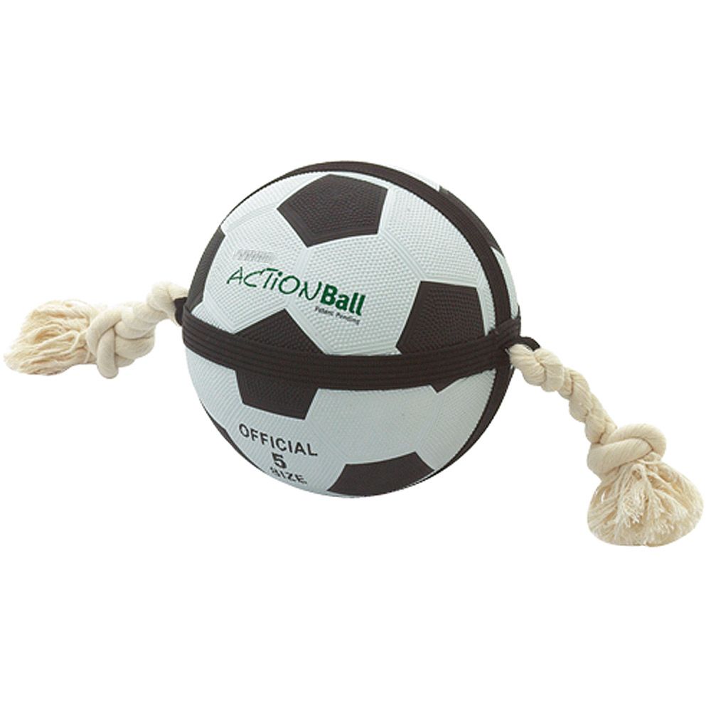Fußball für Hunde mit Griffseilen. Schwarz-weißes Design, Größe 5. Seile an den Seiten.