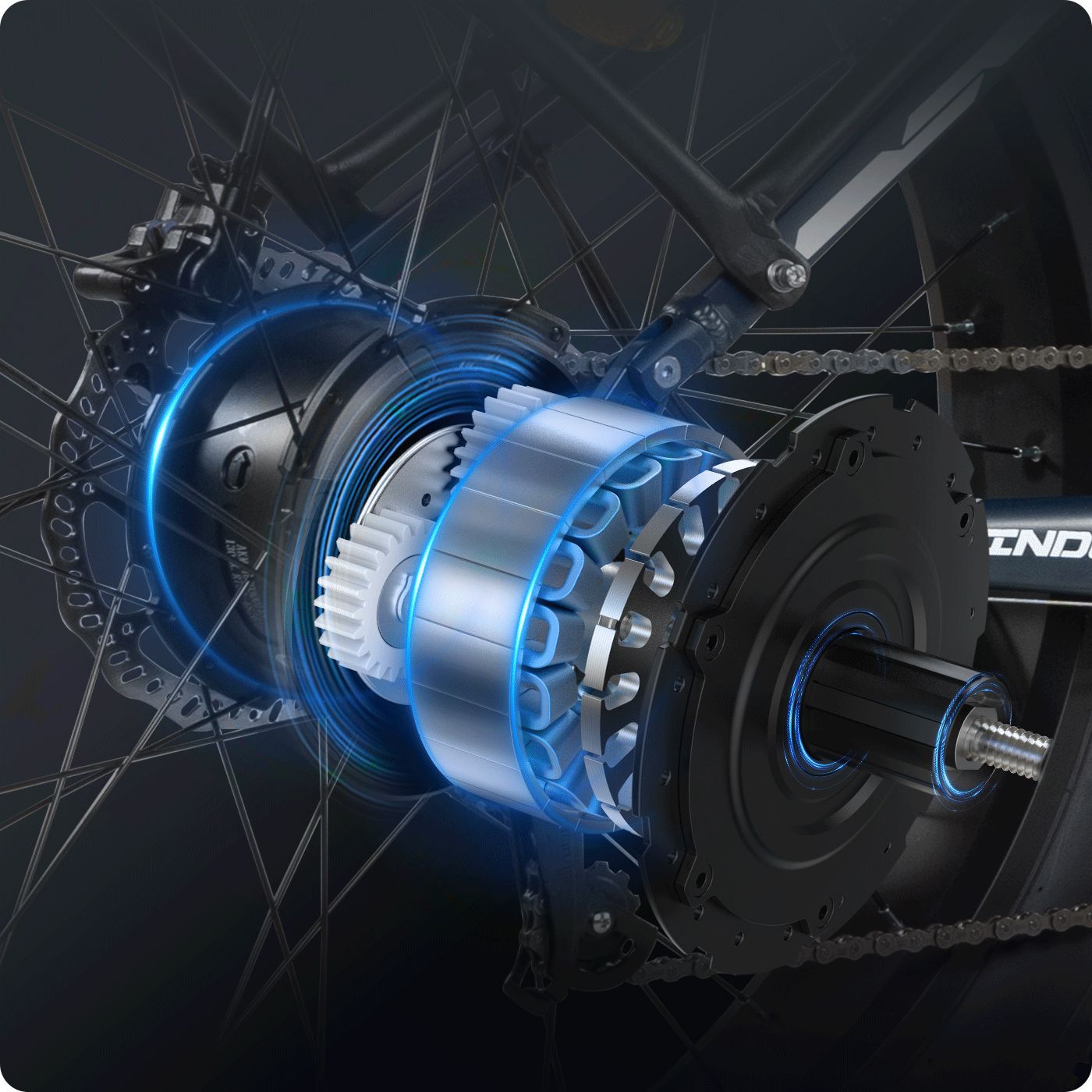 Detailansicht des Motors. Zahnräder, Kette, Getriebe. E-Bike-Motor.