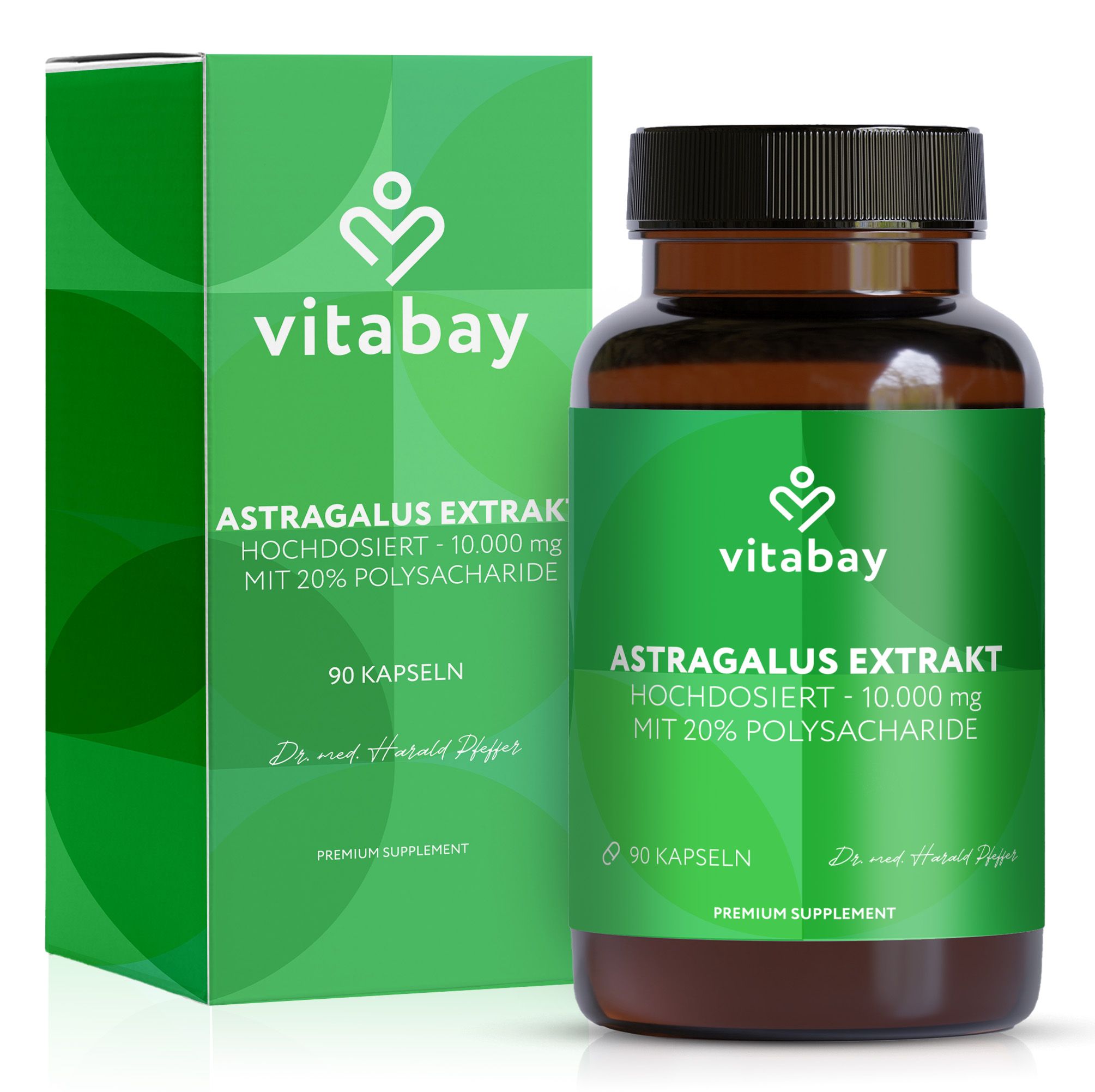 Vitabay Astragalus Extrakt in einer braunen Flasche und einer grünen Verpackung. Aufschrift: 90 Kapseln, 10.000 mg, 20% Polysaccharide.