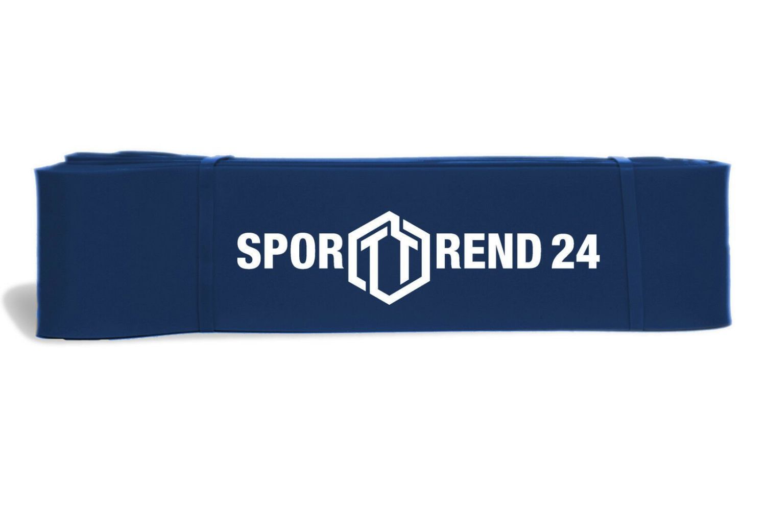 Blaues Fitnessband mit weißem "SPORTTREND 24" Logo.