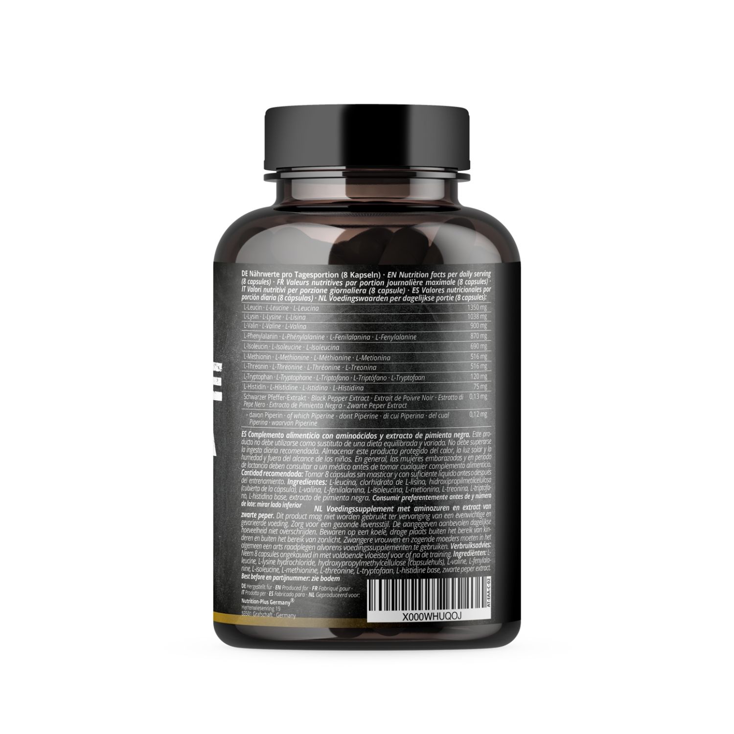 Rückseite der Flasche mit Text. Enthält Nährwertangaben und Inhaltsstoffe. Schwarzer Hintergrund.