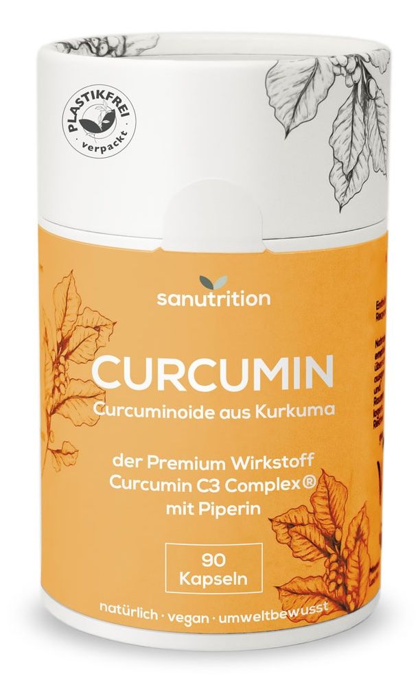 Zylindrische Dose mit Sanutrition® Curcumin. Orangefarbener Aufkleber mit Produktnamen und Inhaltsangaben. Oben: „PLASTIKFREI verpackt“.