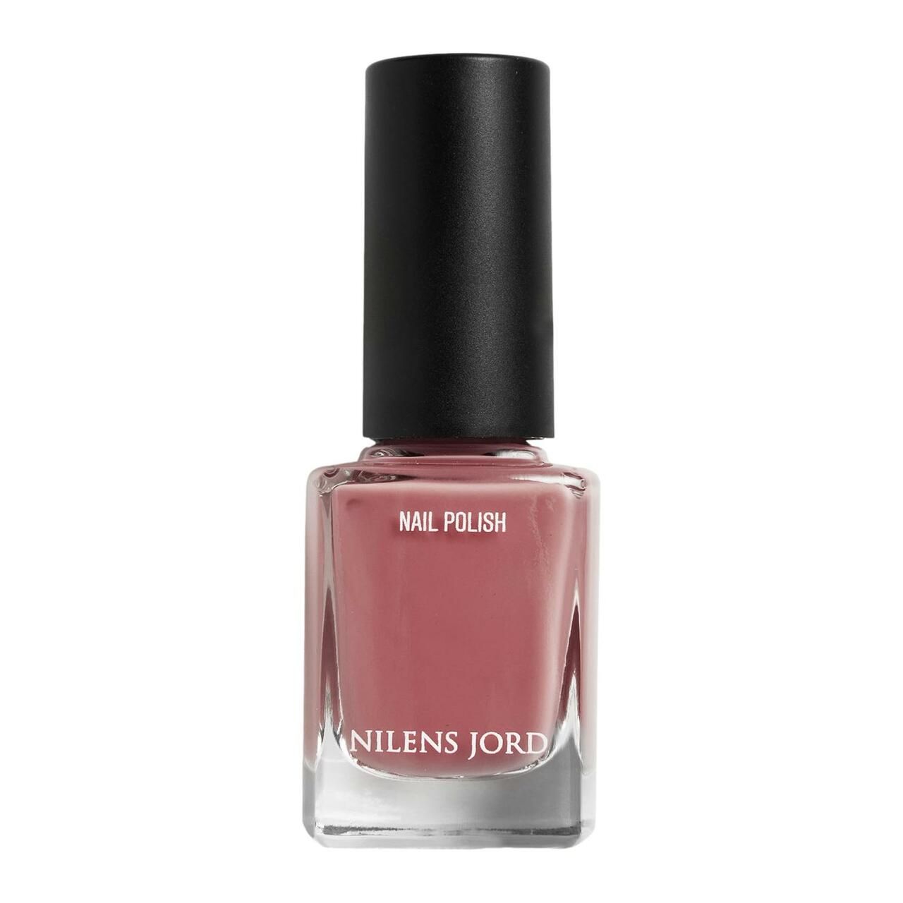 Nagellackflasche mit schwarzem Deckel. Aufschrift: Nail Polish. Marke: Nilens Jord. Rosa Farbton.