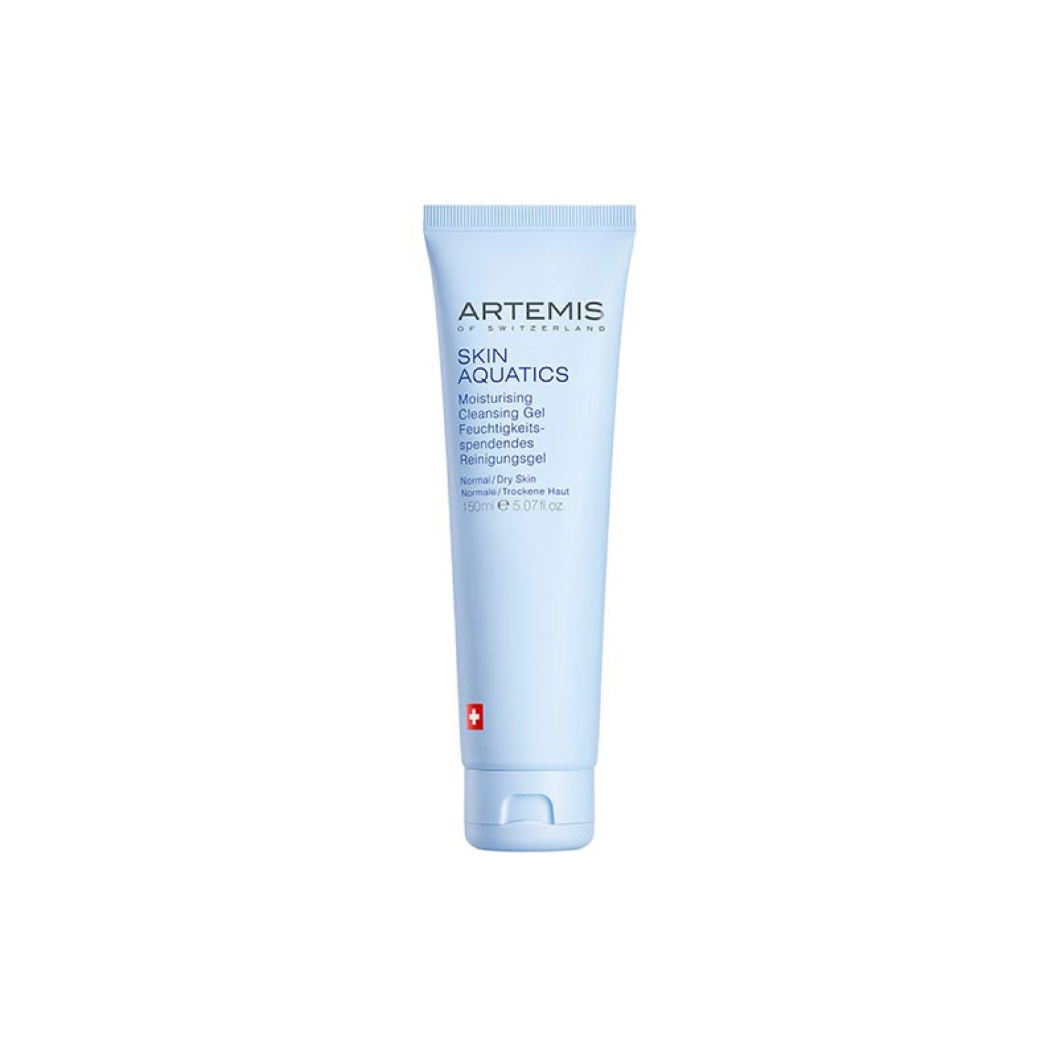 Hellblaue Tube mit Produktnamen und Schweizer Kreuz. Text: Skin Aquatics, Moisturising Cleansing Gel.