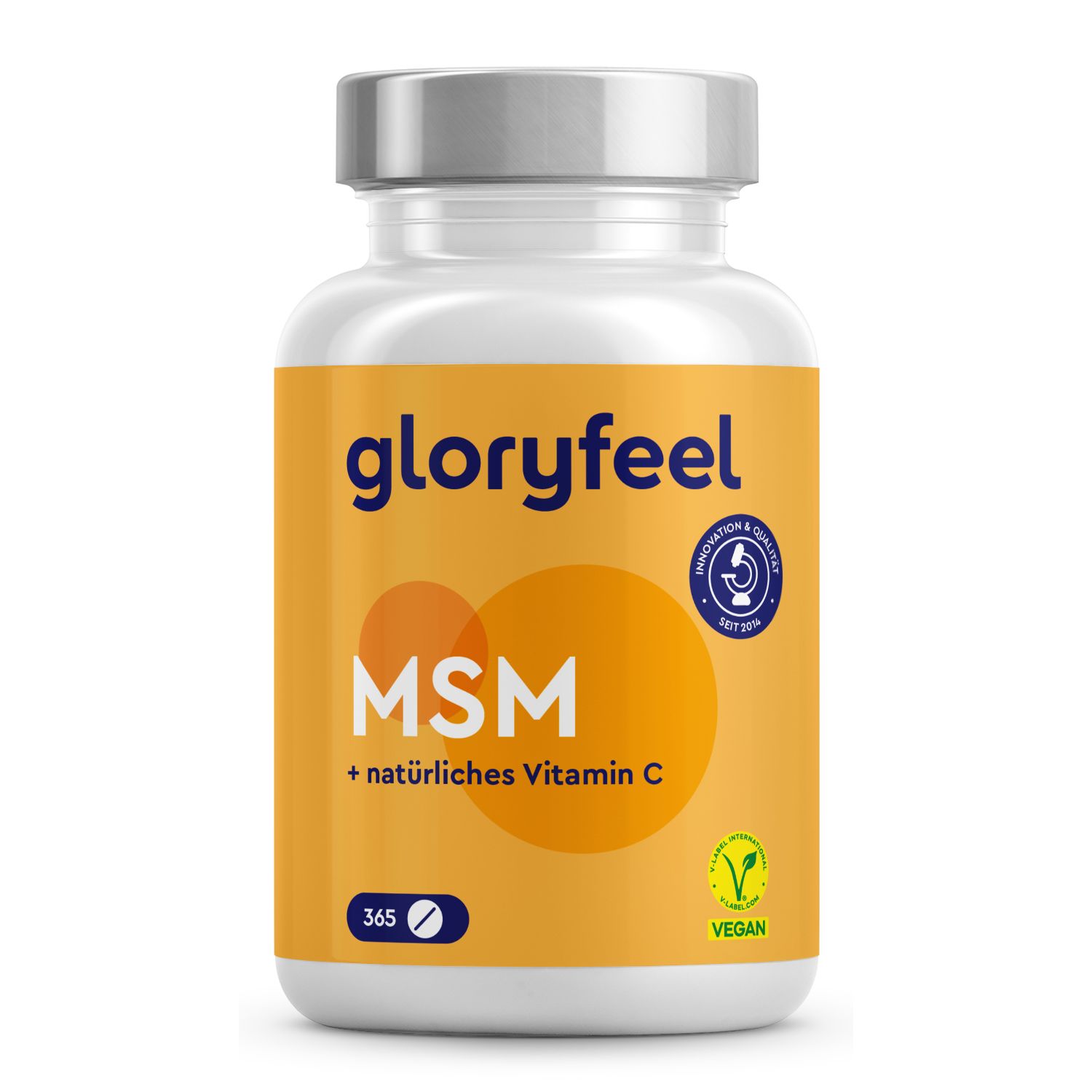 Weiße Flasche mit gelbem Etikett. Aufschrift: gloryfeel MSM + natürliches Vitamin C. 365 Tabletten. Vegan-Siegel.