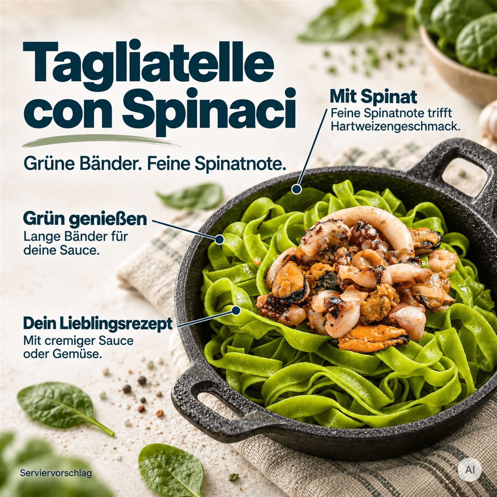 Serviervorschlag: Grüne Tagliatelle mit Meeresfrüchten in einer schwarzen Pfanne, garniert mit Basilikum.