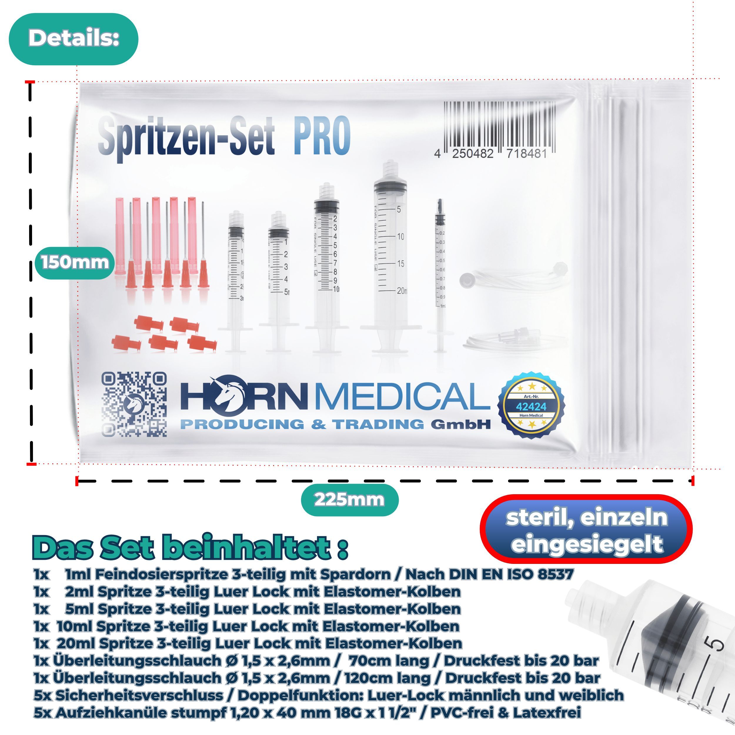 Spritzen-Set PRO. Einzeln verpackte Spritzen, Kanülen, Zubehör. Horn Medical. Steril, einzeln verpackt.