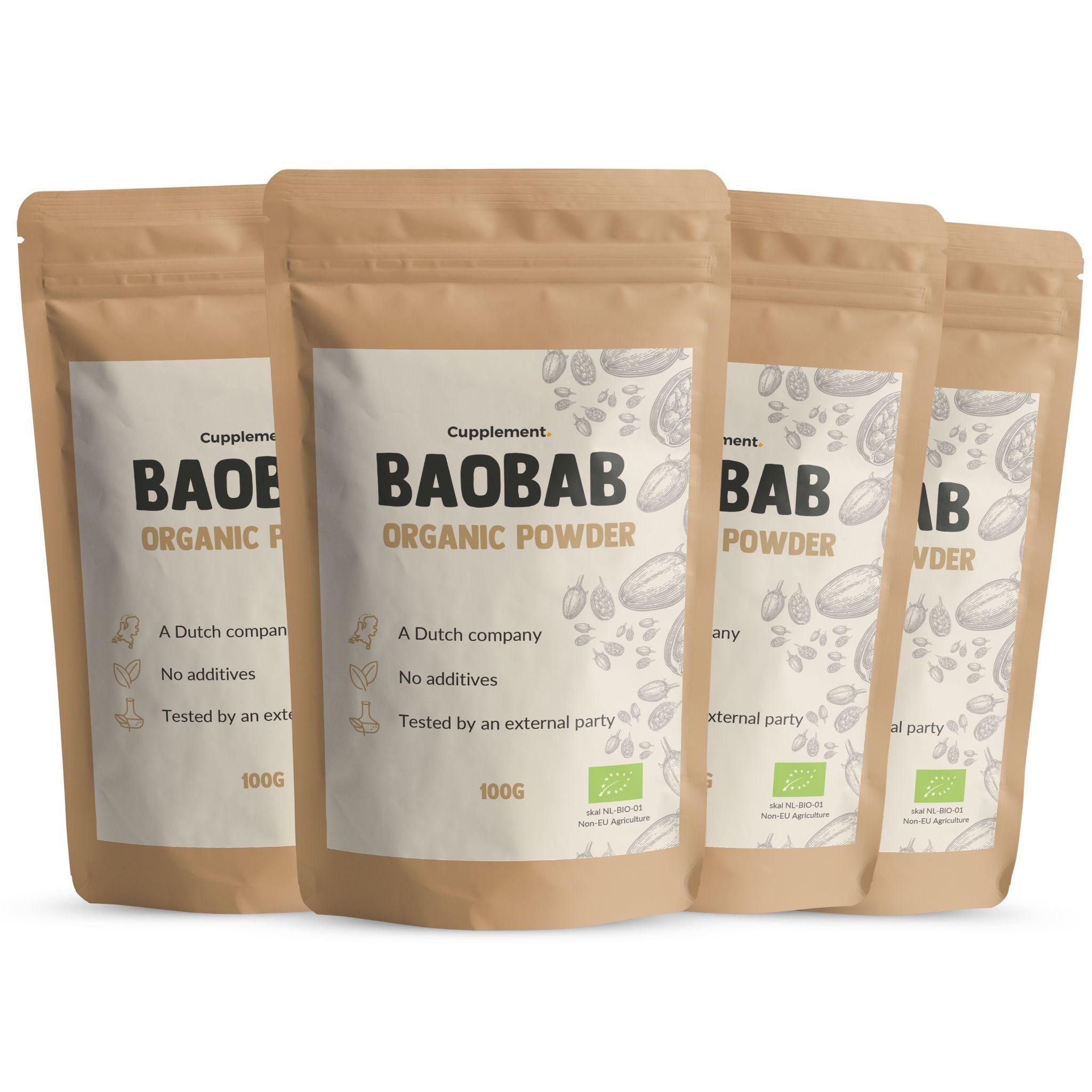 Vier Beutel Cupplement Baobab Pulver. Braune Beutel mit weißem Etikett. BIO-Siegel. 100g. Aufschrift: Baobab Organic Powder.