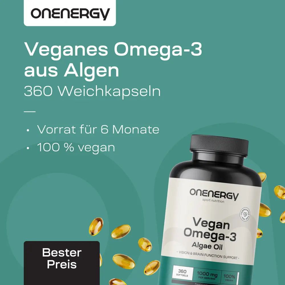 Flasche mit veganem Omega-3 aus Algenöl, 360 Weichkapseln, 100% vegan.