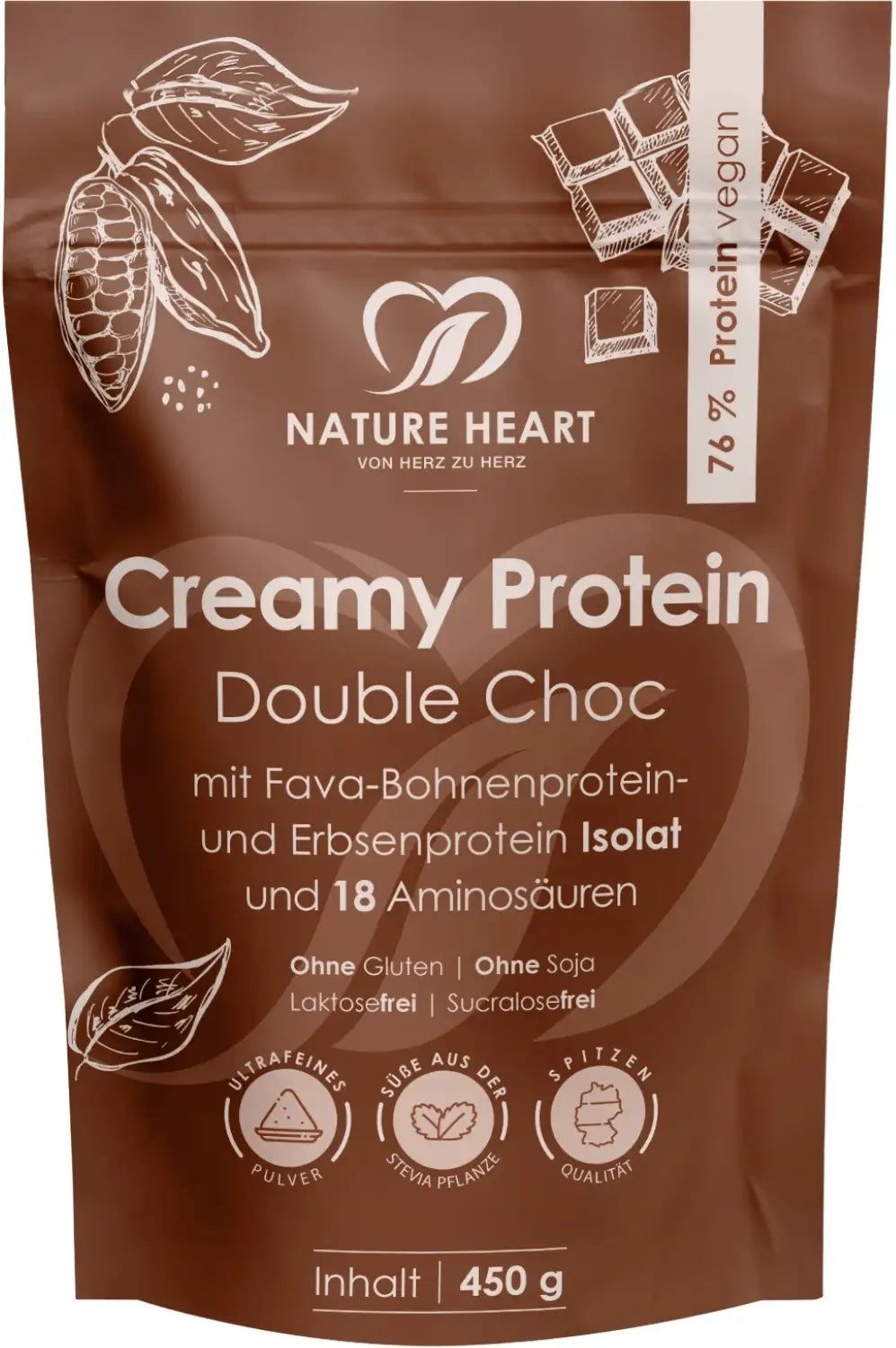 Braune Verpackung mit Produktnamen, Logo und Inhaltsangaben. Enthält 76% Protein, vegan. Ohne Gluten, Soja, Laktose und Sucralose.