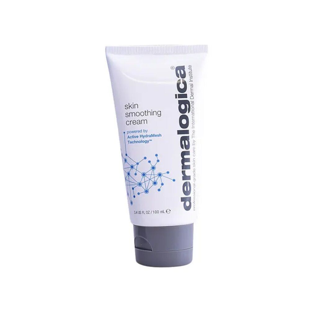 Weiße Tube mit grauer Kappe. Aufschrift: skin smoothing cream, Dermalogica. 1.7 US FL OZ / 100 ml.