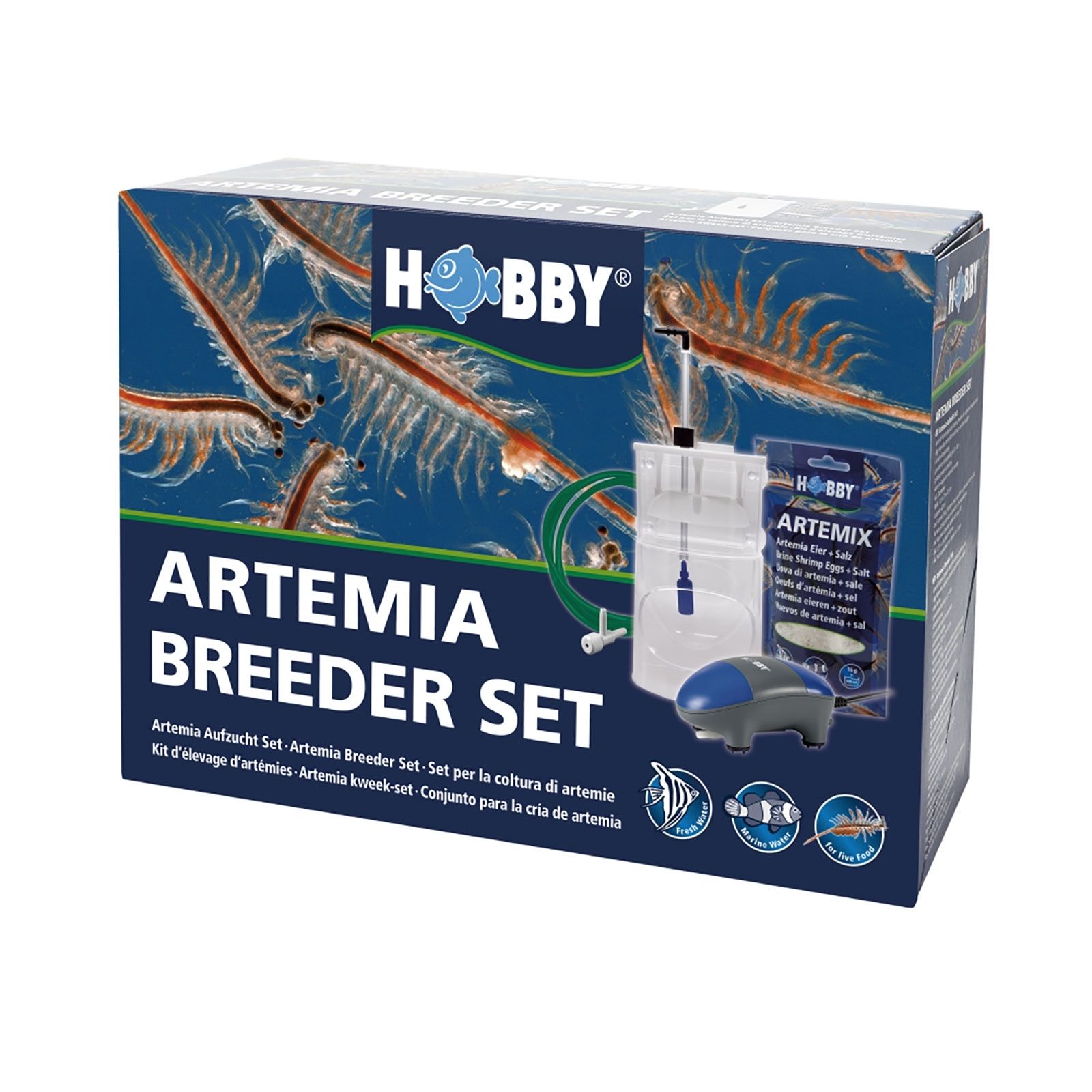 Verpackung mit Aufschrift "Hobby Artemia Breeder Set". Enthält Zubehör und Abbildungen von Artemia. Blaue und weiße Farbgebung.