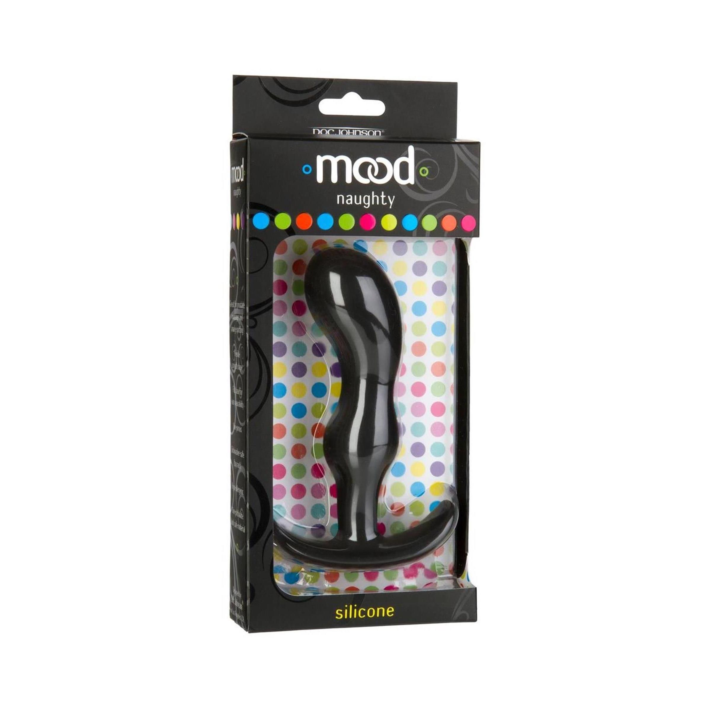 Schwarzer Analplug in Verpackung. Sichtbar: Marke, Produktname, Silikon-Material. Verpackung mit farbigem Hintergrund.