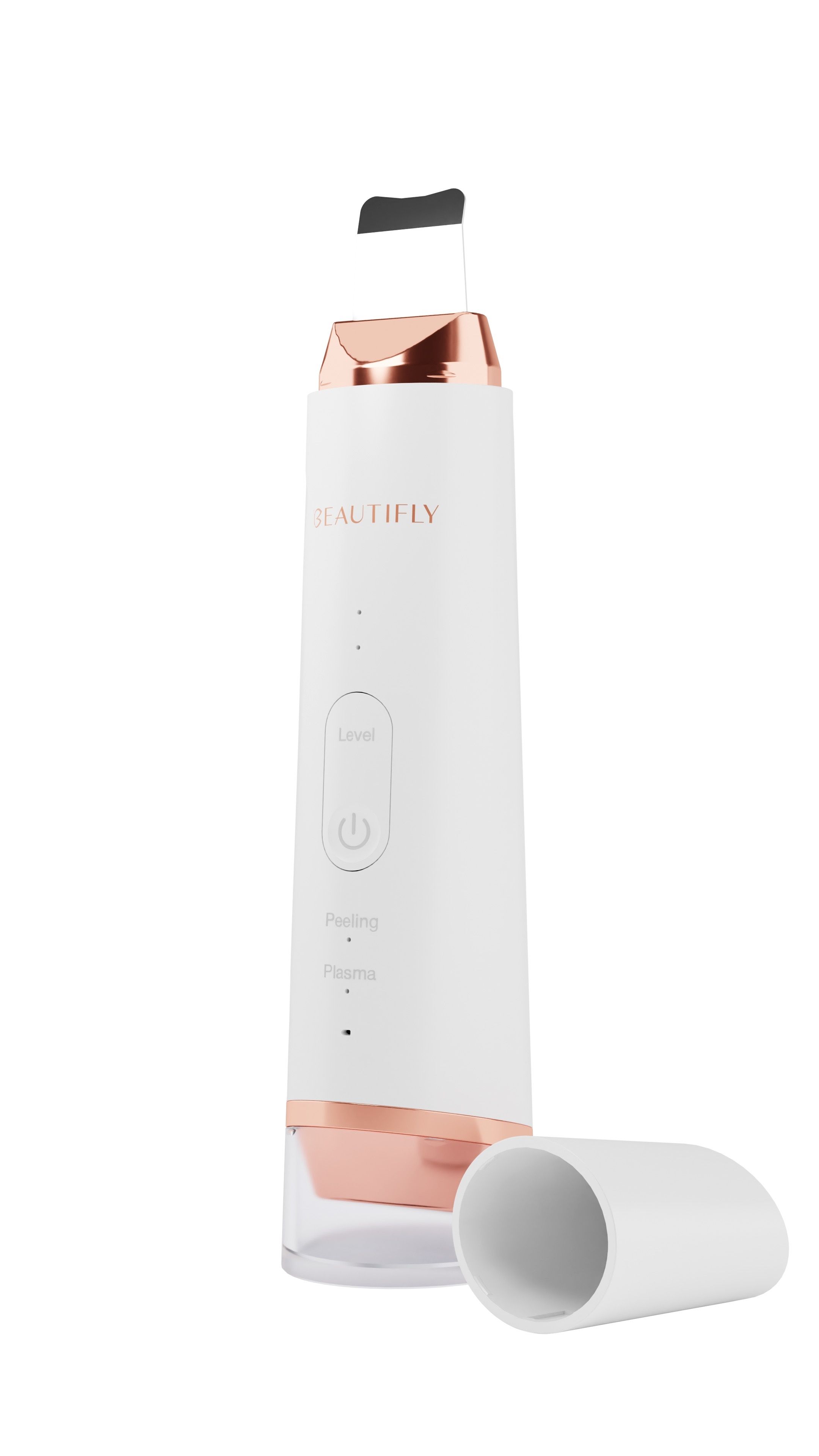 Weißes BEAUTIFLY B-Plasma PRO Ultraschallpeelinggerät mit Roségold-Akzenten. Mit abnehmbarer Kappe. Aufschrift: BEAUTIFLY, Level, Peeling, Plasma.