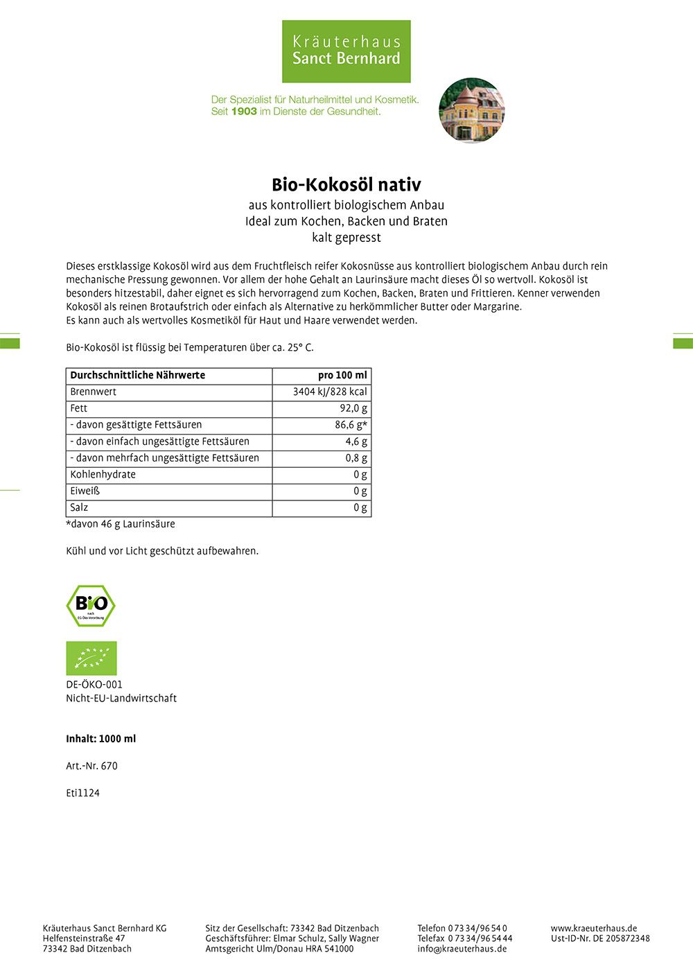 Zwei Gläser Bio-Kokosöl, Etikett mit Produktname, Kokosnuss-Illustration und Bio-Siegel. Goldfarbener Deckel.