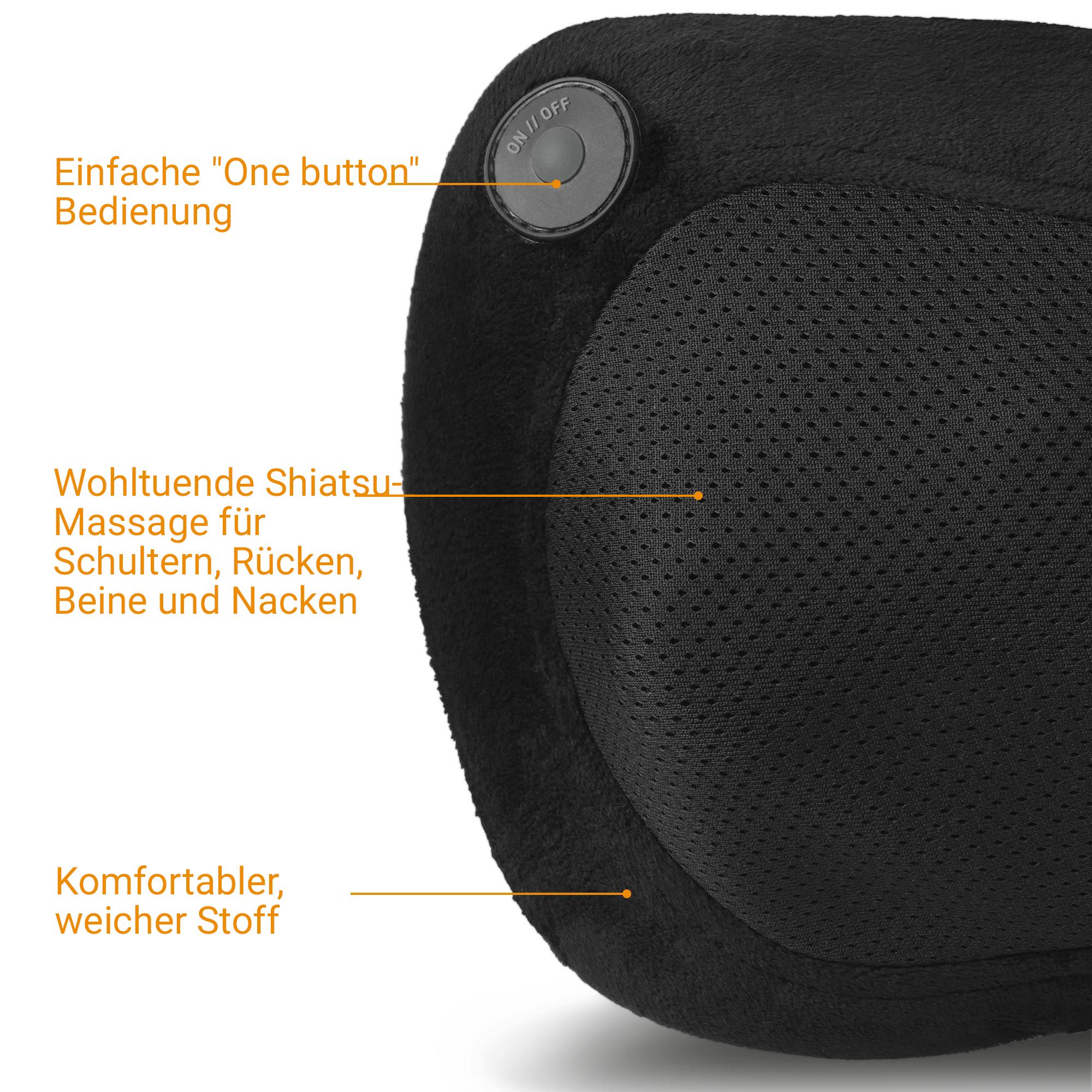 Nahaufnahme eines schwarzen Shiatsu-Massagekissens mit "One button"-Bedienung und Netzoberfläche.