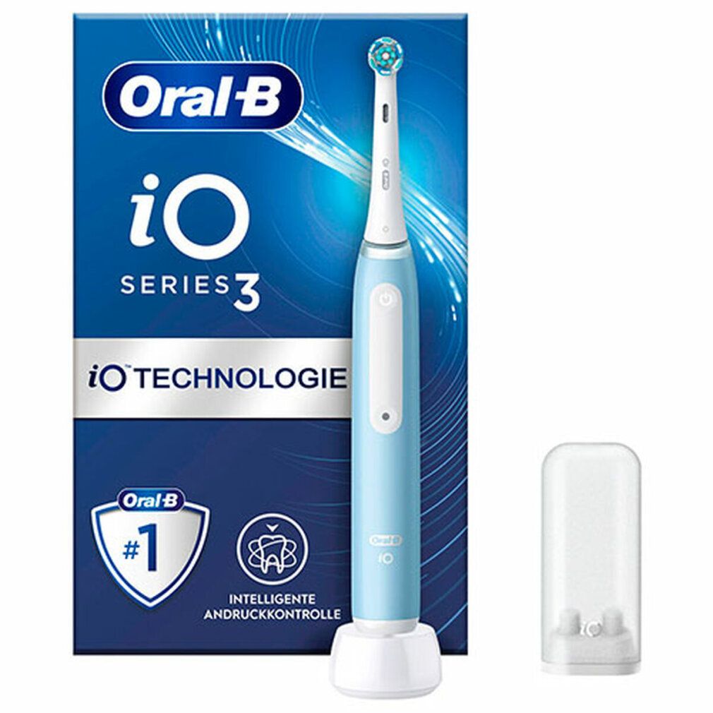 Hellblaue elektrische Zahnbürste mit Ladestation und Reiseetui. Marke: Oral-B iO Series 3. Mit iO Technologie und Andruckkontrolle.