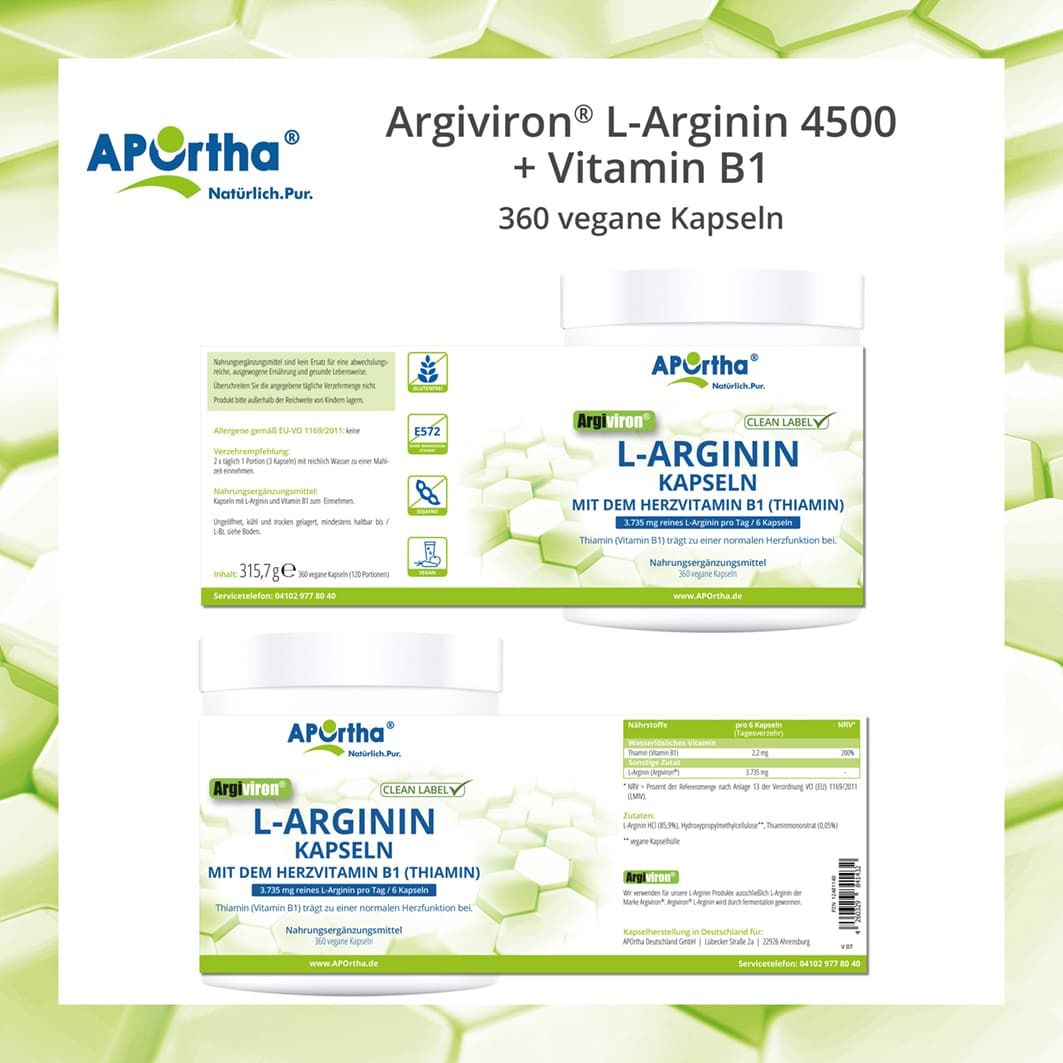 Produktverpackungen: Dose und Blister. Dose: L-Arginin Kapseln + Vitamin B1. Blister: L-Arginin Kapseln. Aufschrift: Nahrungsergänzungsmittel.