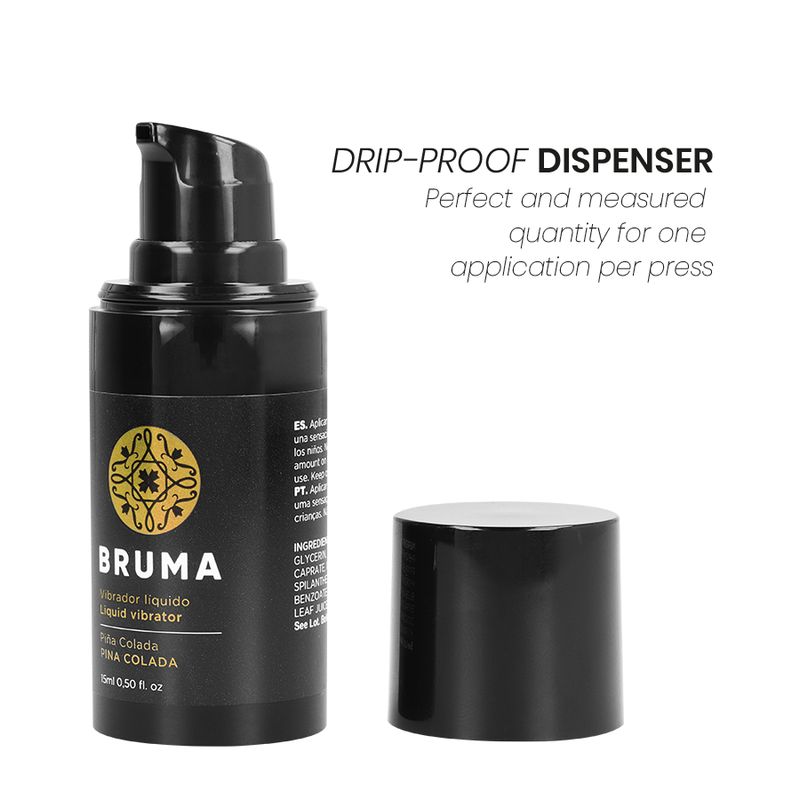 Schwarze Flasche mit Spenderpumpe und Kappe. Etikett mit "BRUMA" und "Liquid vibrator".