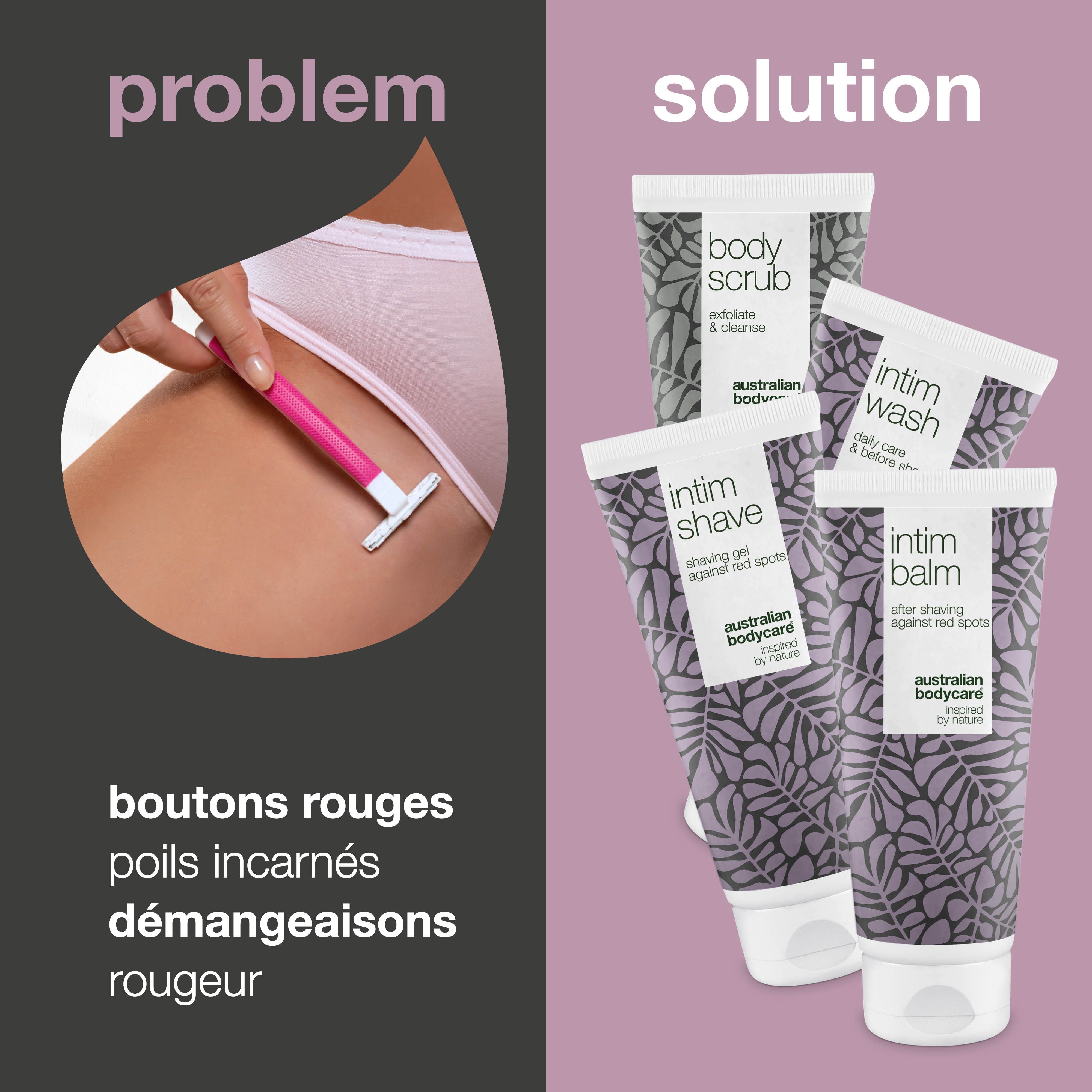 Problème : boutons rouges, poils incarnés, démangeaisons. Solution : quatre tubes de soins intimes. Australian Bodycare.