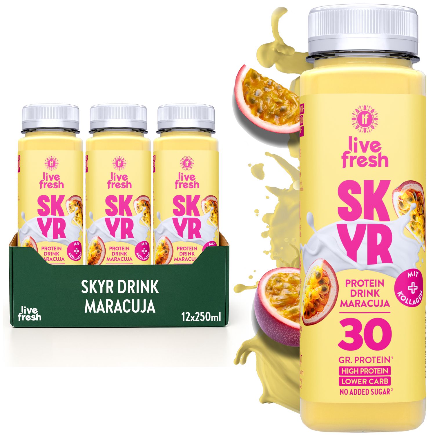 Mehrere Flaschen Skyr Drink Maracuja in einer Verpackung. Einzelne Flasche mit Text: SKYR, Protein Drink, 30 gr. Protein, High Protein, Lower Carb, No Added Sugar.