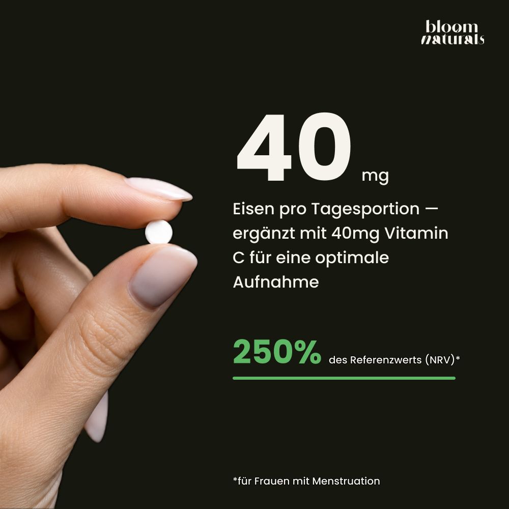 Hand hält eine Tablette. 40 mg Eisen, 40 mg Vitamin C. 250% NRV.