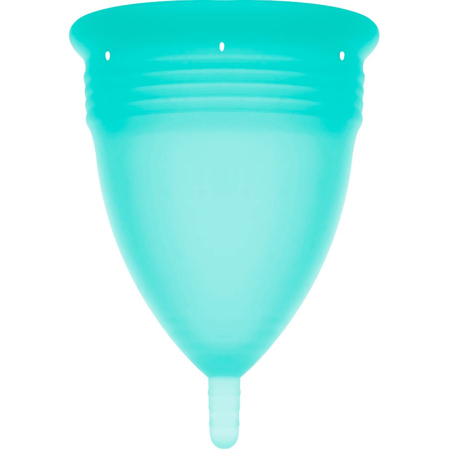 Türkisfarbene Menstruationstasse mit abgerundeter Form, drei Löchern und einem Stiel. Aus Silikon.