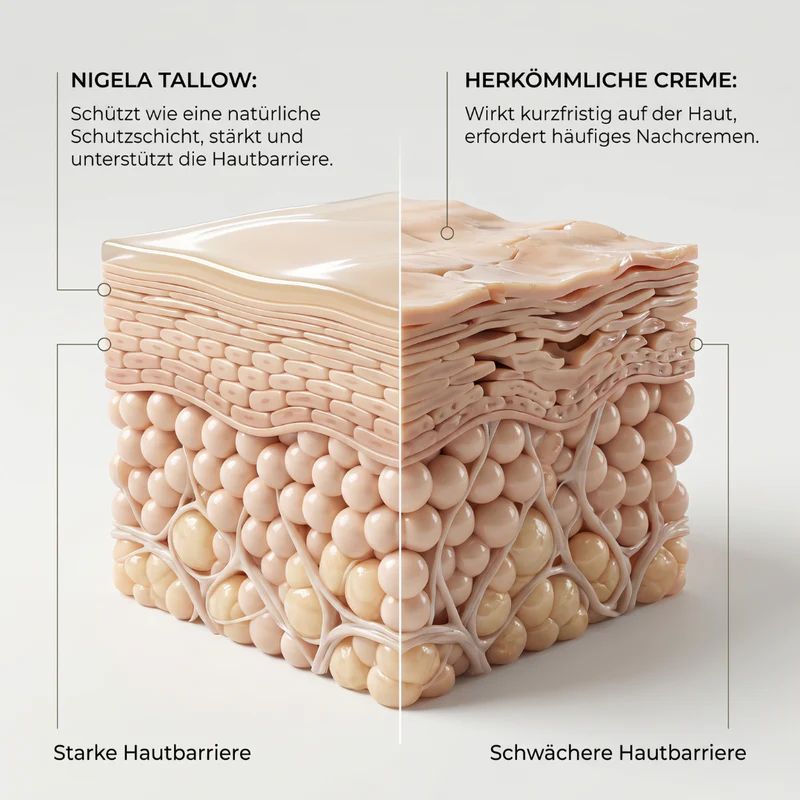 Vergleich von Hautschichten: links starke Hautbarriere mit Nigella Tallow, rechts schwächere Hautbarriere.