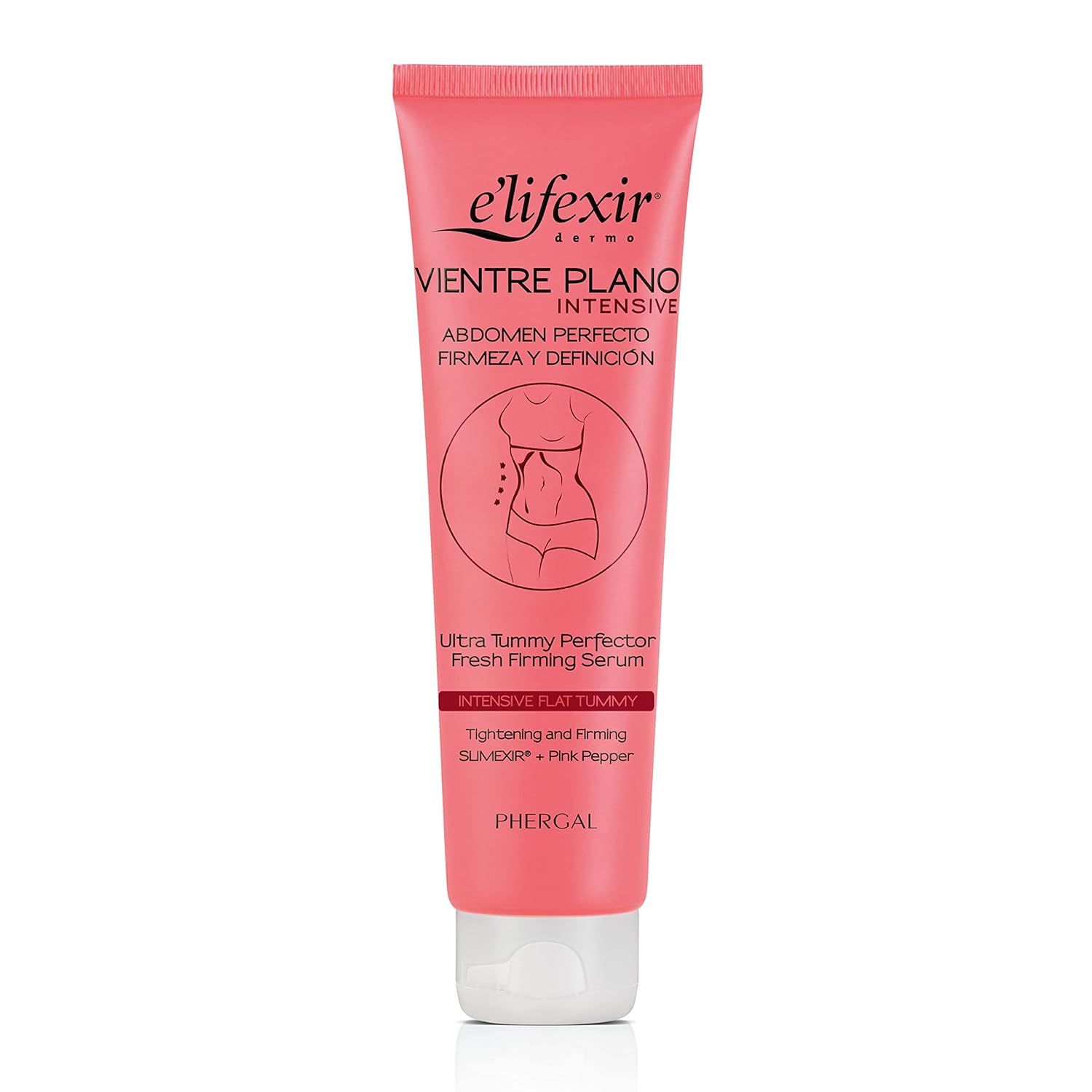 Rosa Tube mit Produktnamen und Illustration. Text: Vientre Plano, Bauchstraffungsserum. Marke: Elifexir.