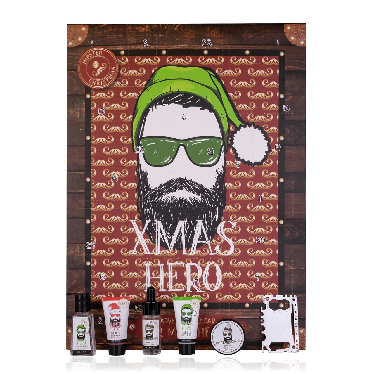 Adventskalender mit Bartträger-Illustration und geöffneten Türchen. Enthält kleine Pflegeprodukte. Text: XMAS HERO, Advent Calendar for Men/Heroes.